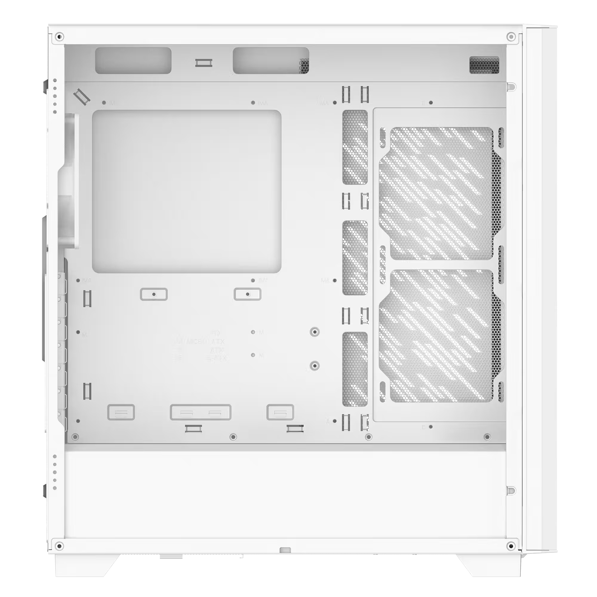 Ein weißes Computergehäuse mit offenem Inneren, Lüftungsgittern und Montagemöglichkeiten.