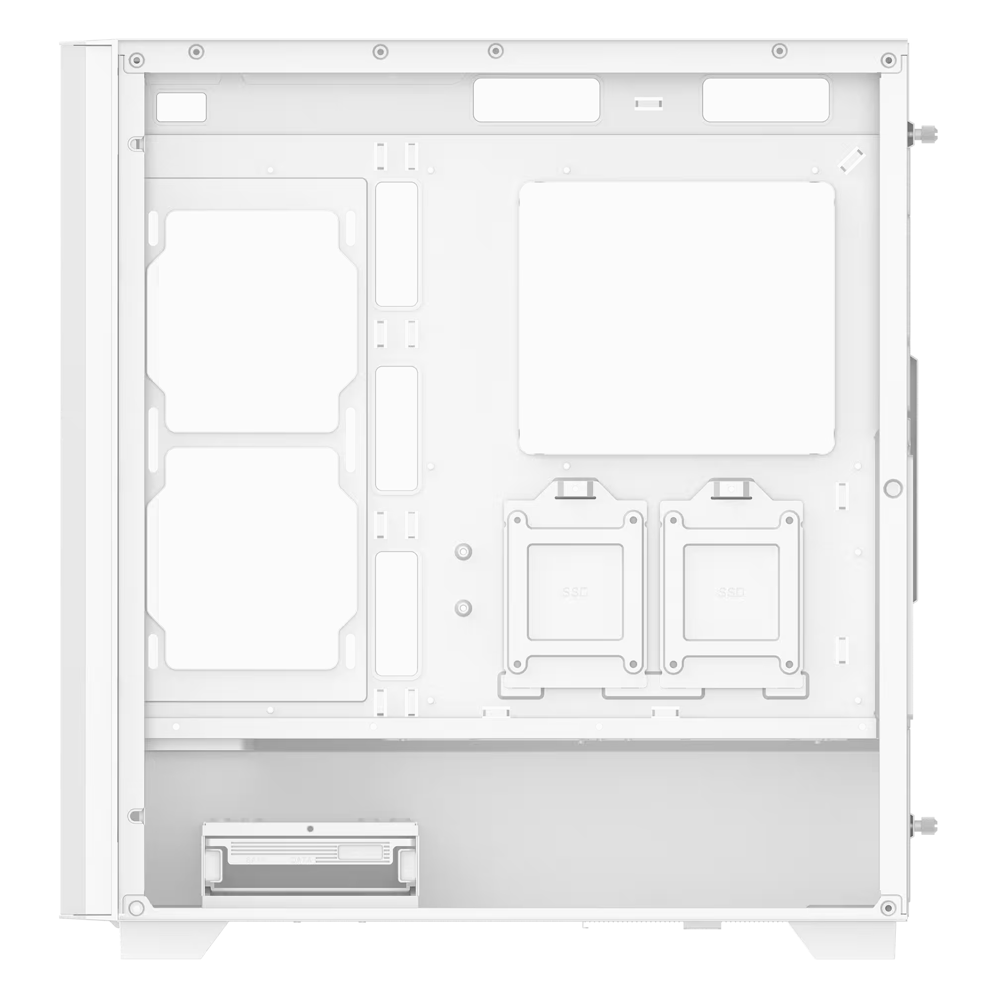 Leeres weies Computergehäuse mit Einbauschlätzen für SSDs und Laufwerke.
