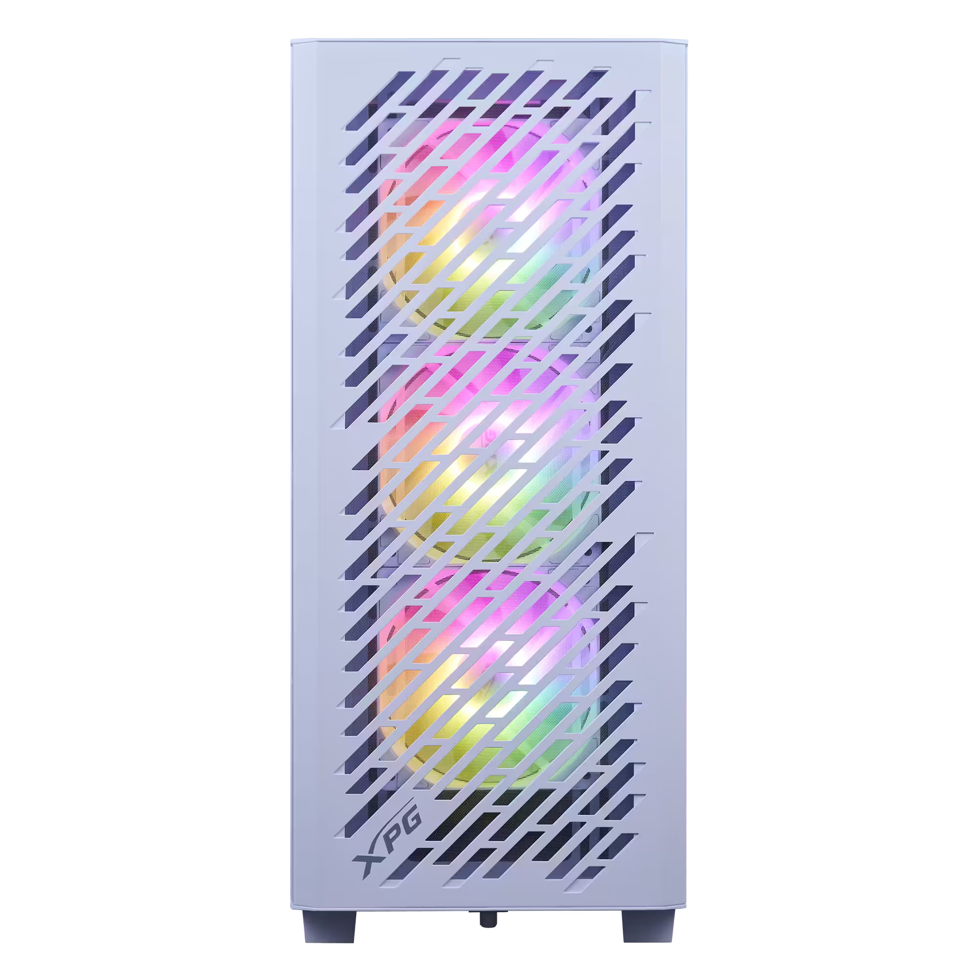 Ein weißes PC-Gehäuse mit drei beleuchteten Lüftern, die Regenbogenfarben zeigen.