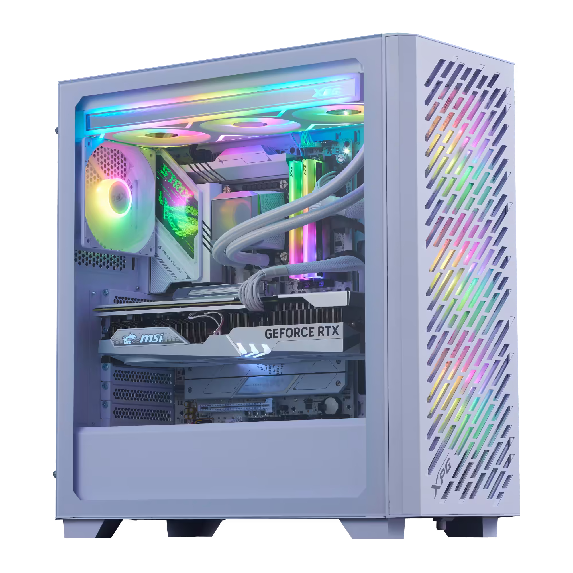 Ein weißer PC mit RGB-Beleuchtung, innen und außen.