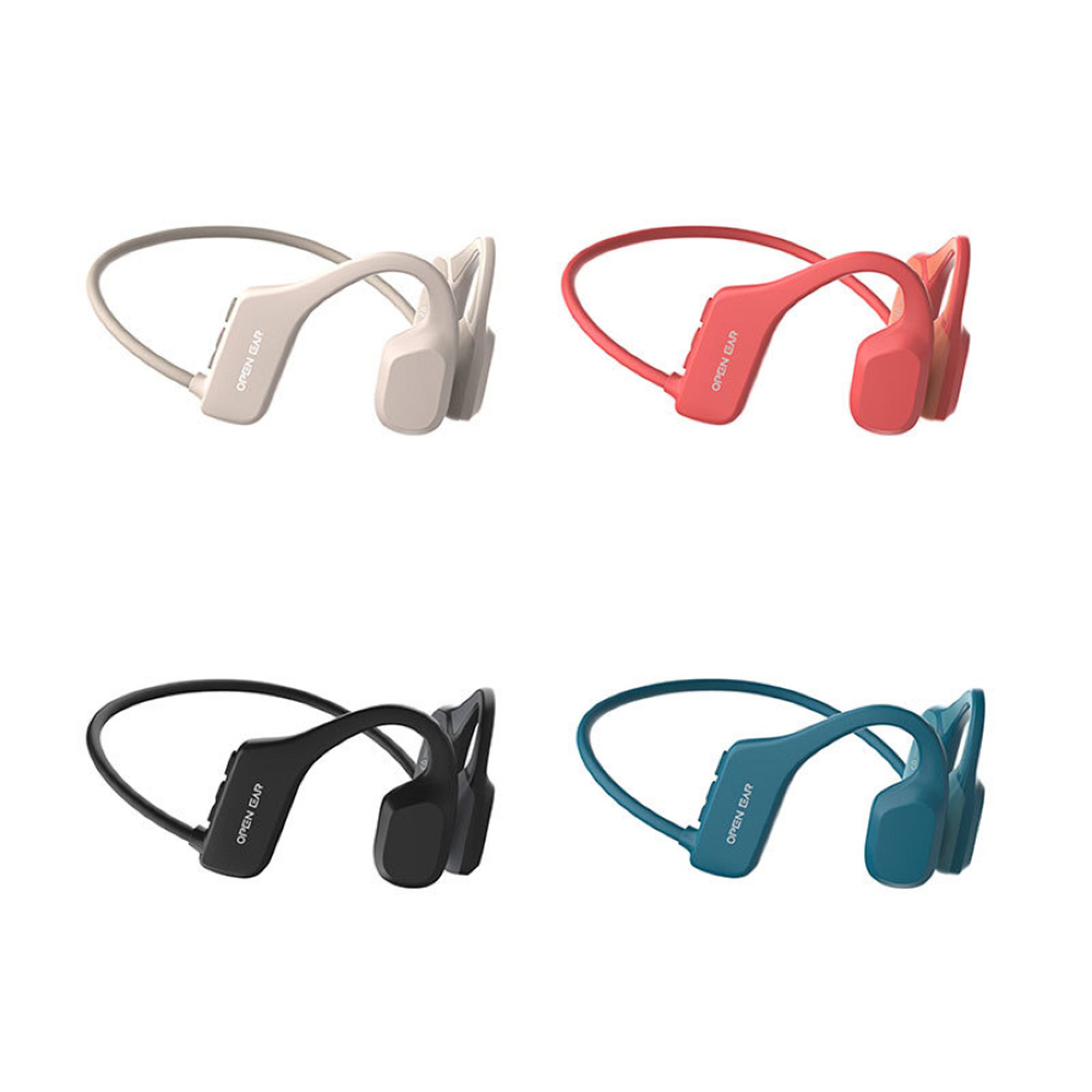 Vier Open-Ear-Kopfhörer in Beige, Rot, Schwarz und Blau auf weißem Hintergrund.