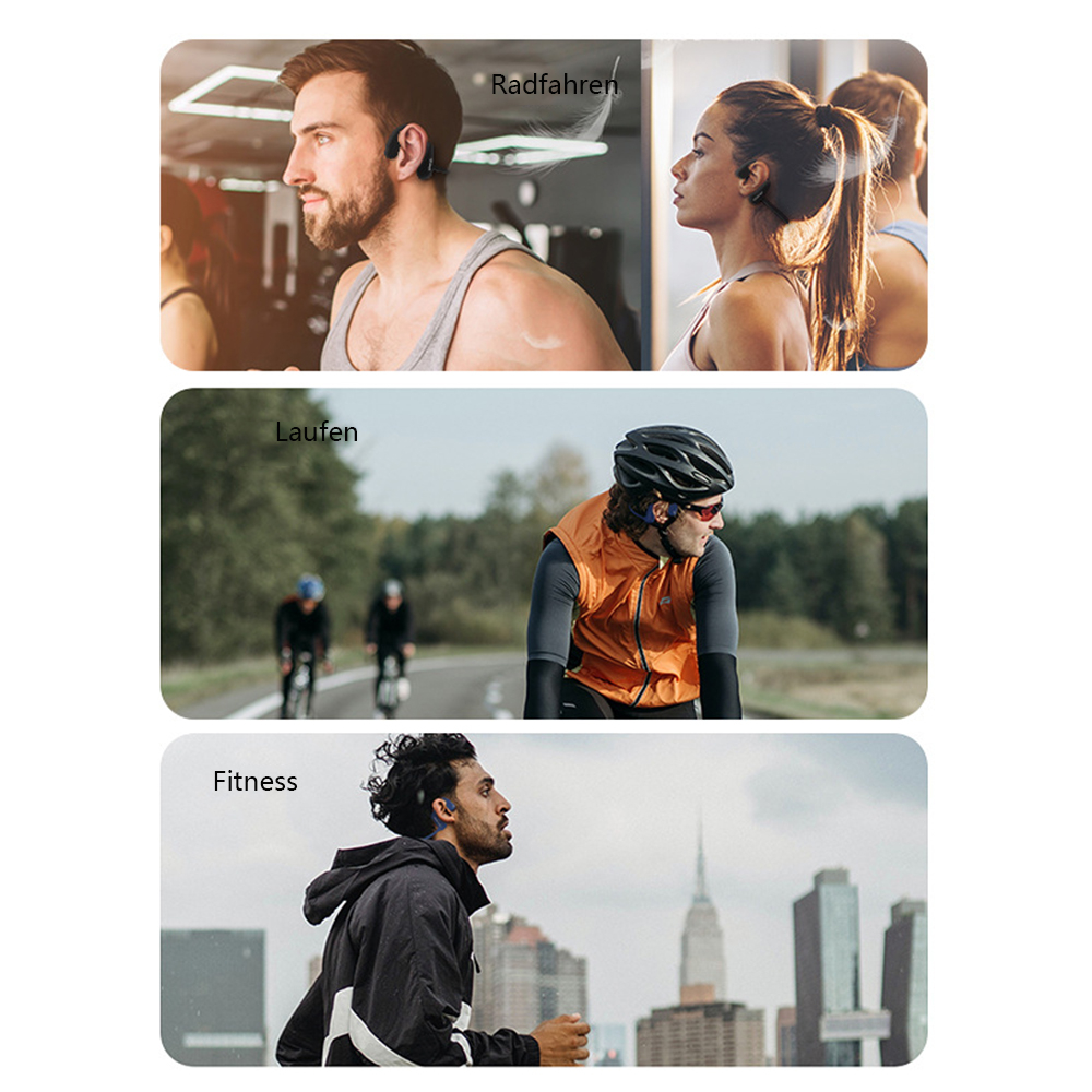 Sportler beim Radfahren, Laufen und Fitness in der Stadt.