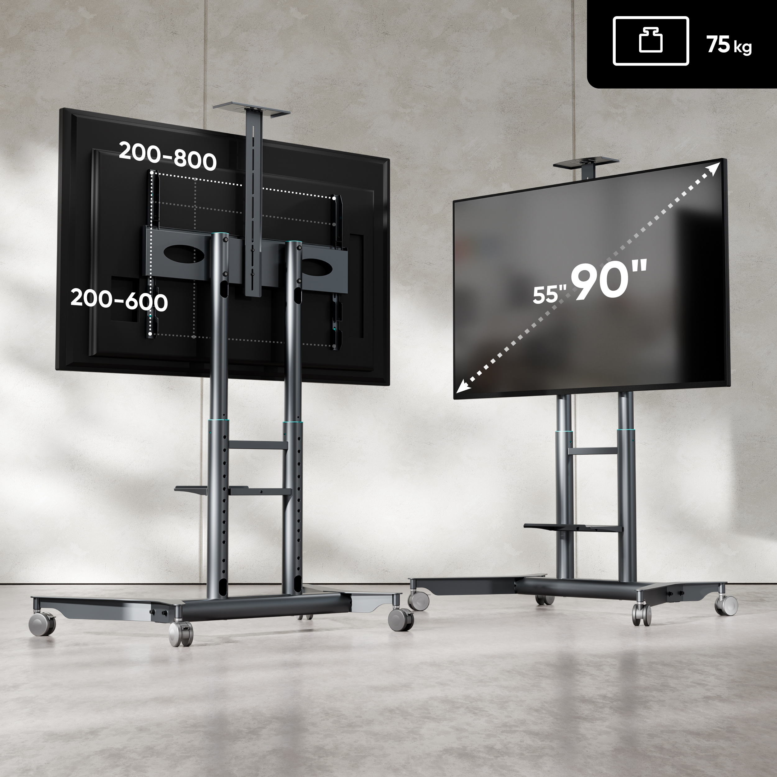 Zwei mobile TV-Ständer mit Bildschirmen. Einer zeigt 55-90 Zoll, der andere 200-600/800mm.