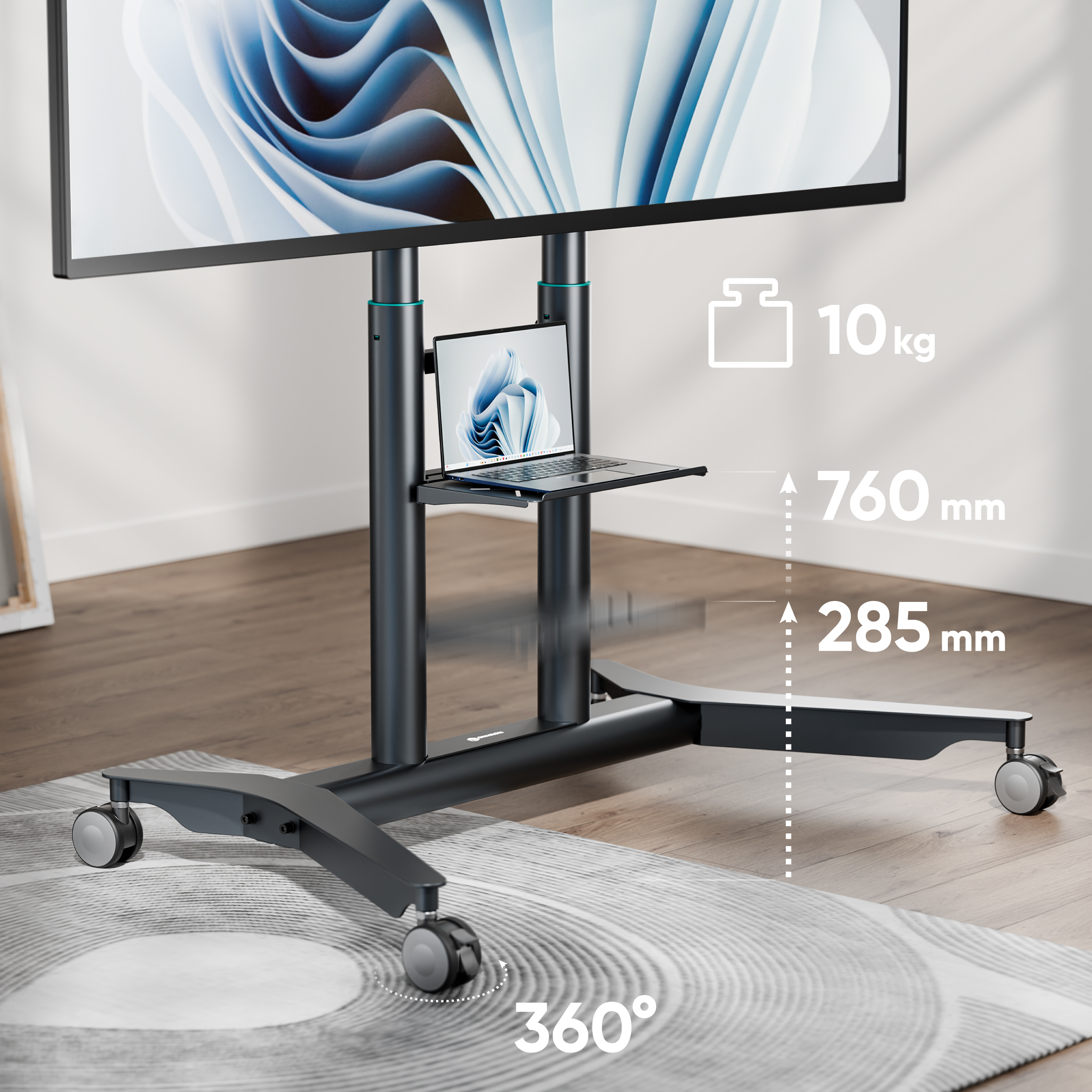 Ein mobiler TV-Ständer mit Laptop auf einem Regal, 10kg Kapazität, 360° drehbar.