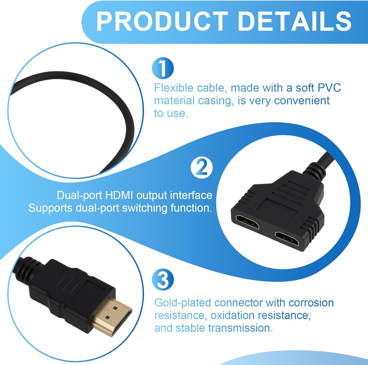 Produkt-Details: Flexibles Kabel, Dual-Port HDMI, vergoldeter Stecker.