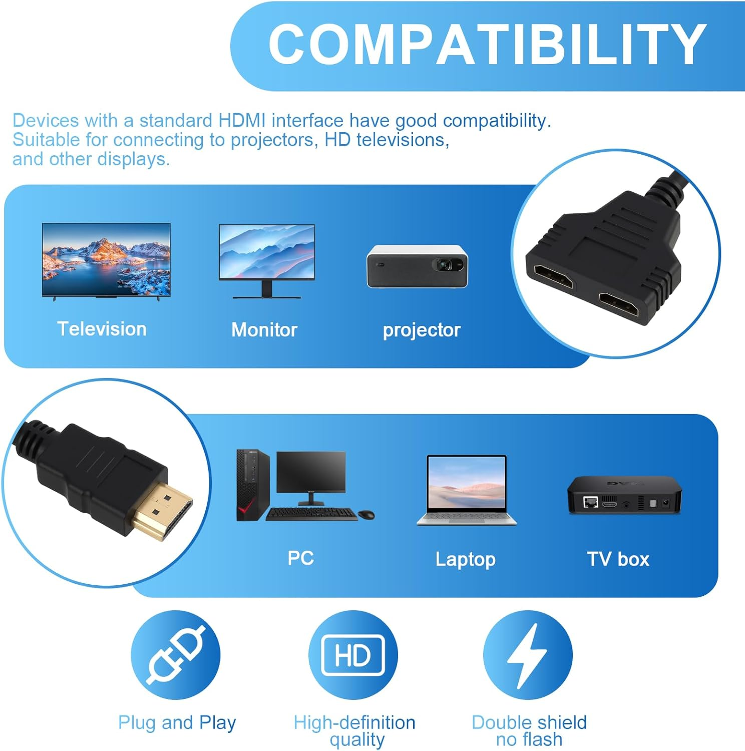Kompatibilität: Fernseher, Monitor, Projektor, PC, Laptop, TV-Box mit HDMI.