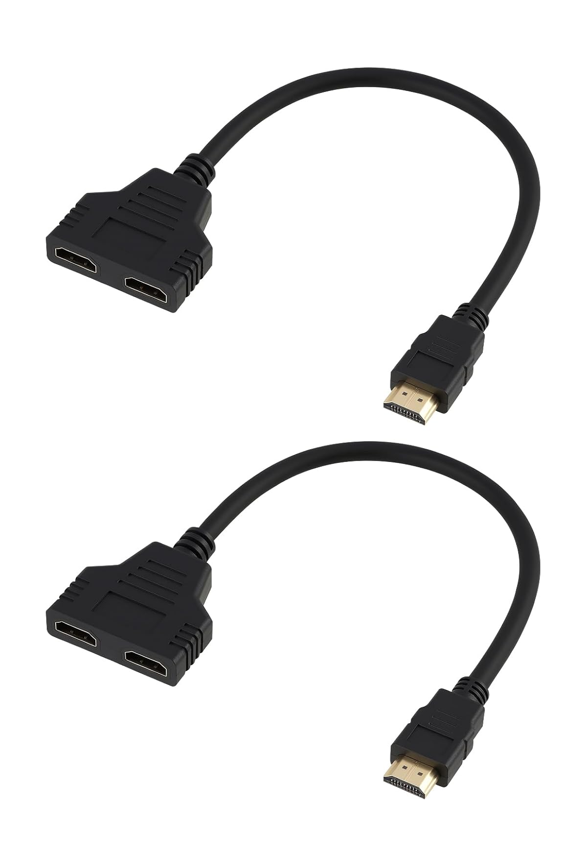 Zwei schwarze HDMI-Splitterkabel mit einem Anschluss und zwei Ausgängen.