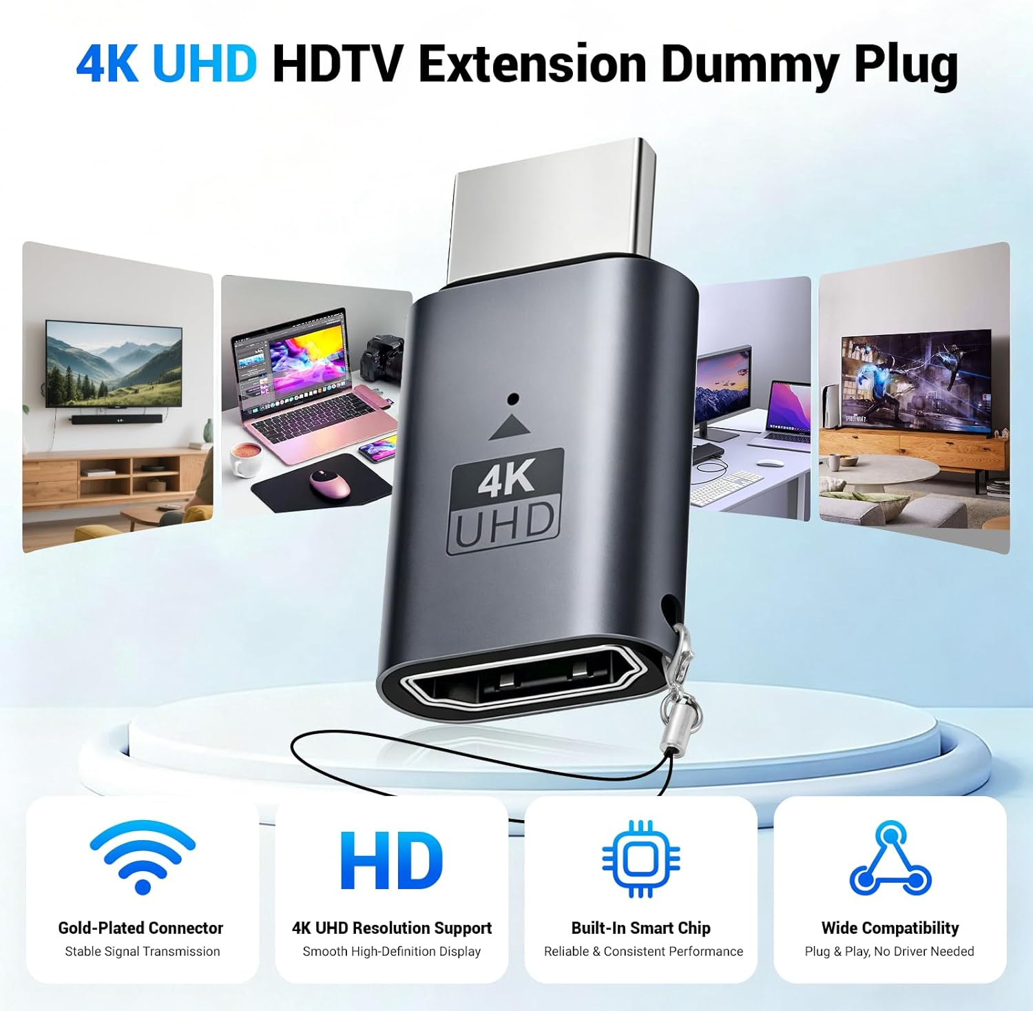 Ein grauer 4K UHD HDTV Dummy-Stecker mit verschiedenen Anwendungsszenarien.