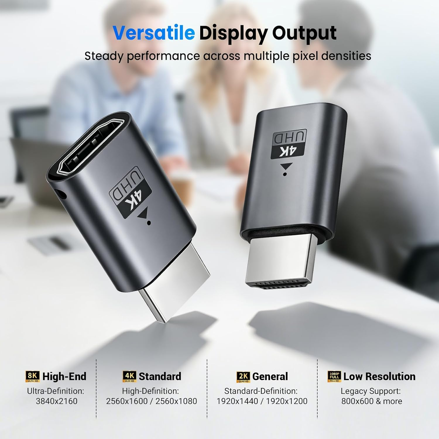 Zwei dunkelgraue USB-C-zu-HDMI-Adapter gezeigt. Textdetails Auflösungen.