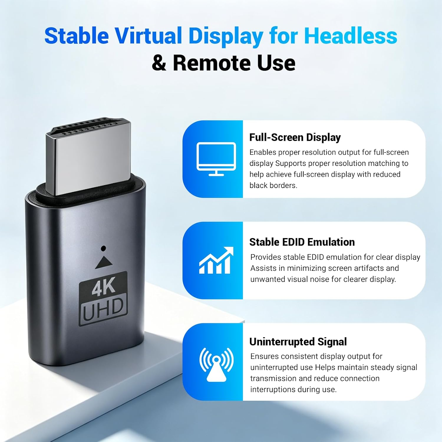 Ein USB-C-Adapter mit 4K-UHD-Logo wird mit Symbolen für Vollbildanzeige, stabiles EDID und unterbrechungsfreie Signale gezeigt.