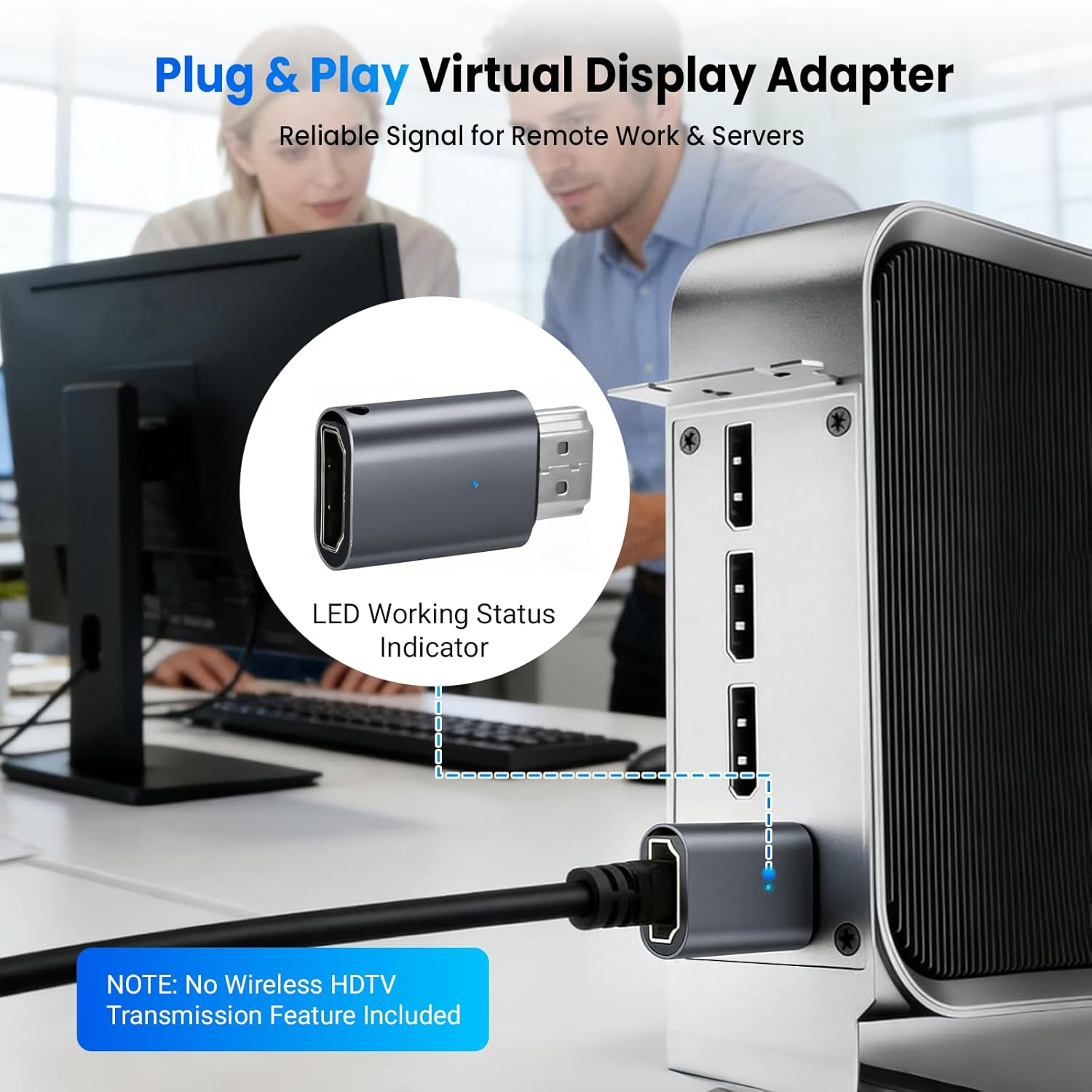 Ein virtueller Display-Adapter mit LED-Anzeige ist in ein Gerät eingesteckt.