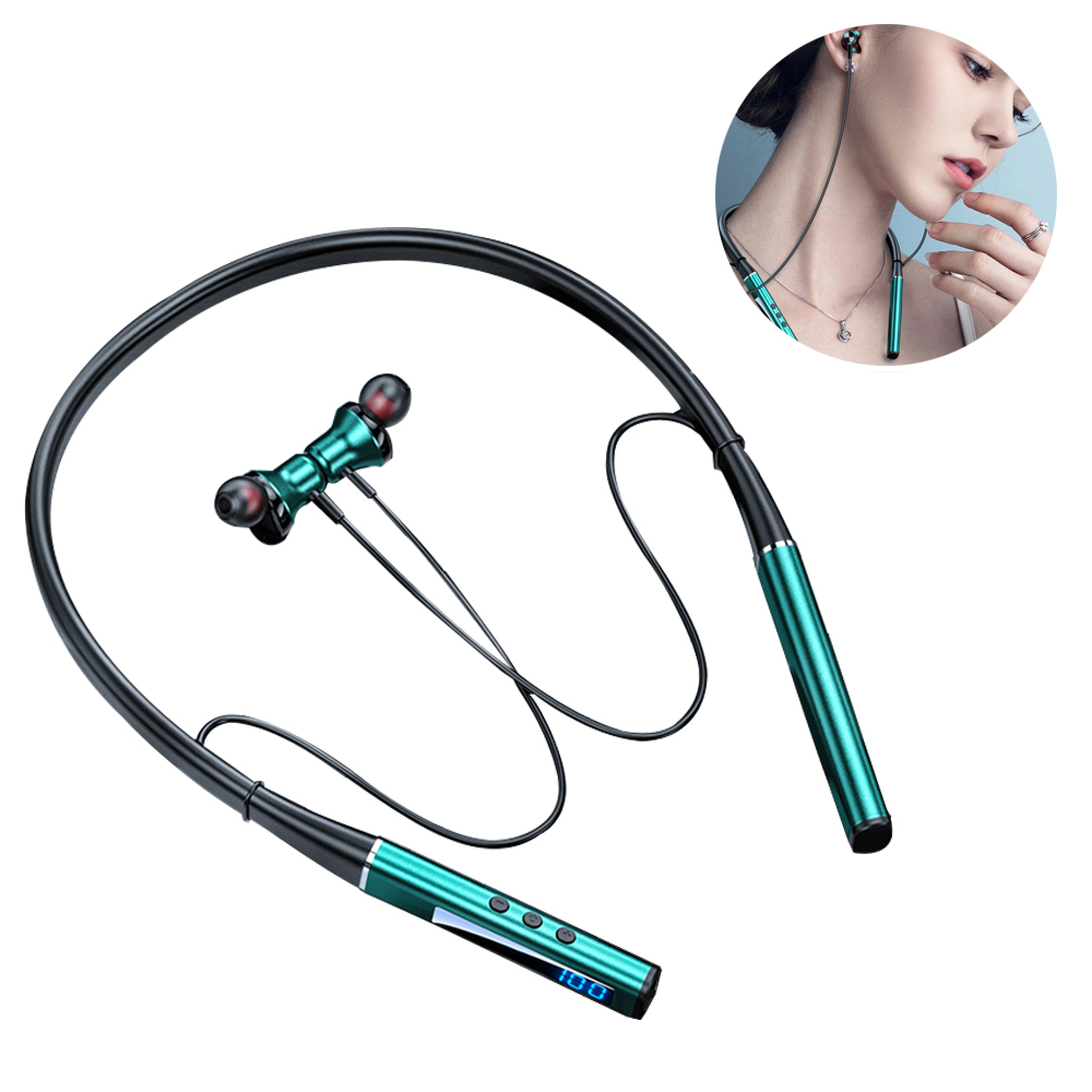 Ein grünes Nacken-Headset mit zwei Ohrstöpseln und einem digitalen Display.