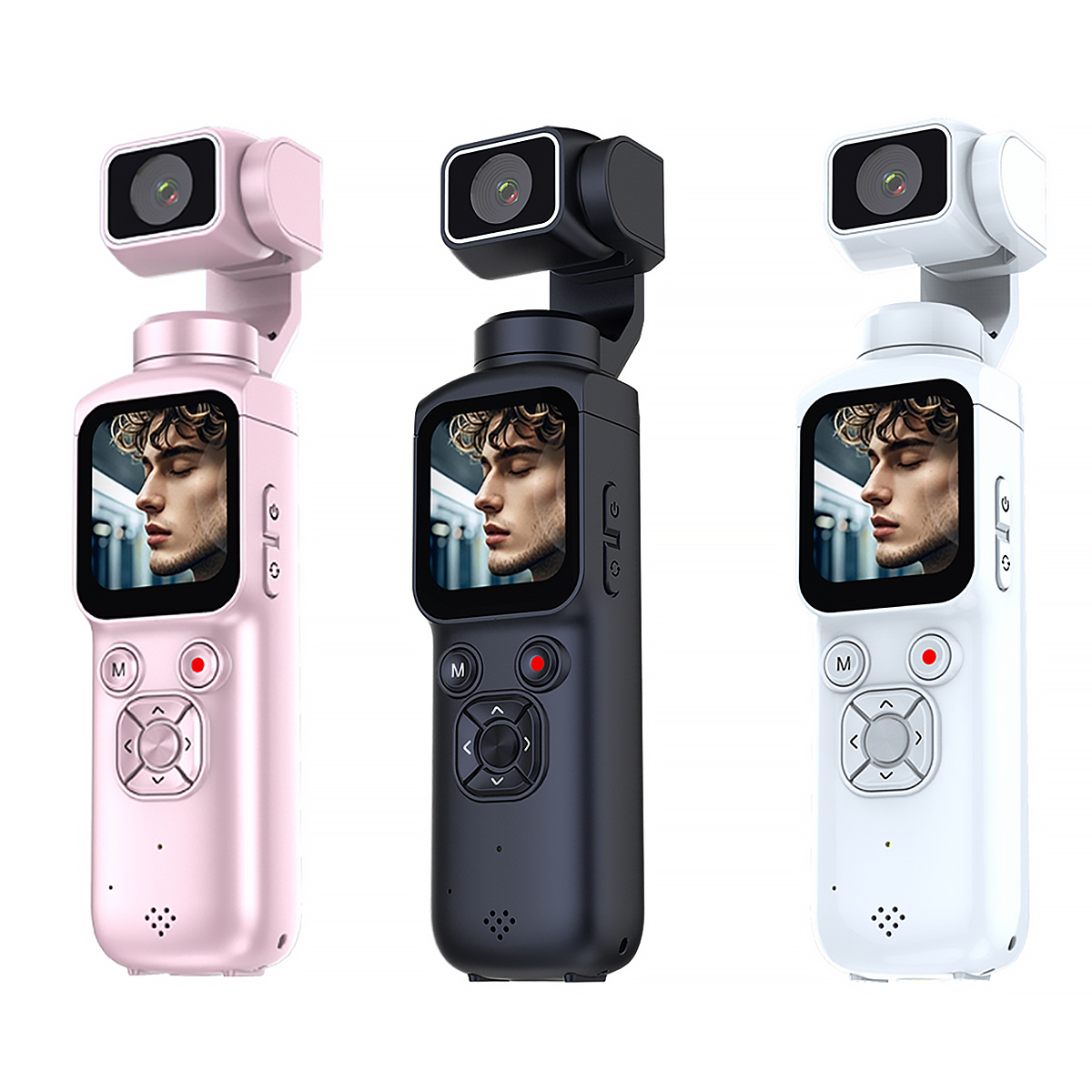 Drei tragbare Kameras in Rosa, Schwarz und Weiß, jede mit Gimbal und Bildschirm.