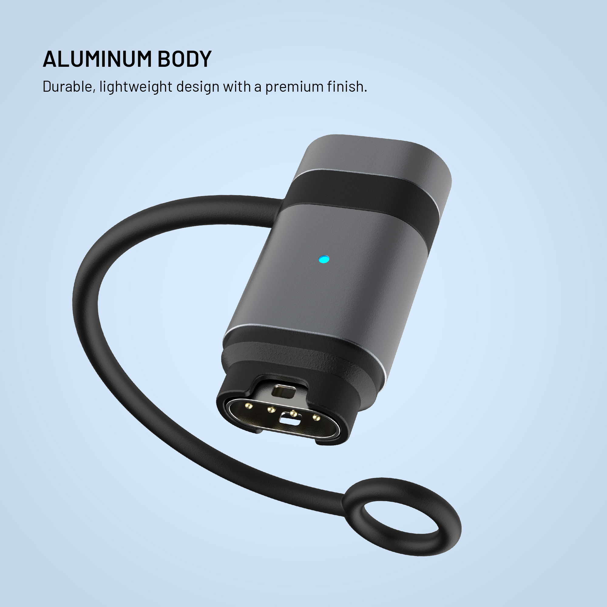Grauer Adapter mit schwarzem Kabel und blauem Licht. Detailaufnahme.