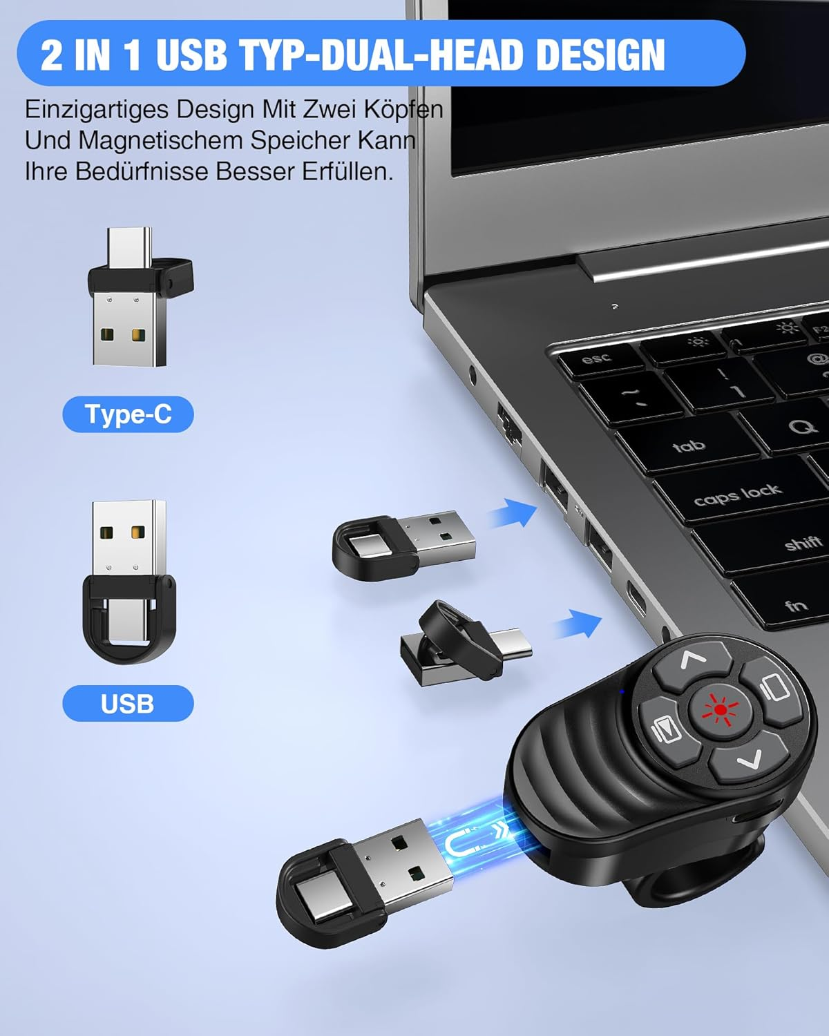 Ein Laptop mit zwei USB-C- und USB-Adaptern und einem Ring-Presenter