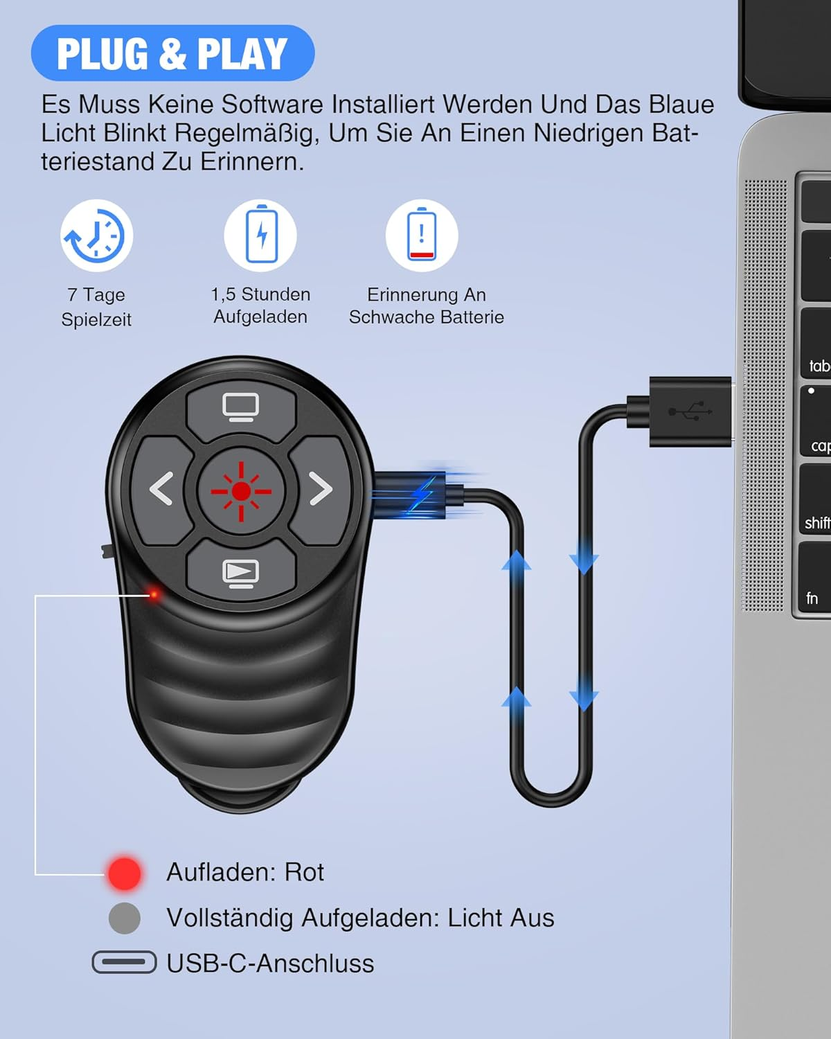 Ein schwarzer Klicker mit USB-C-Anschluss, der 7 Tage Spielzeit bietet.