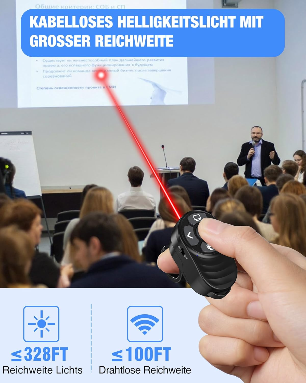 Ein Mann hält einen schwarzen Fernbediener mit einem roten Laserpointer, der auf eine Leinwand zeigt.