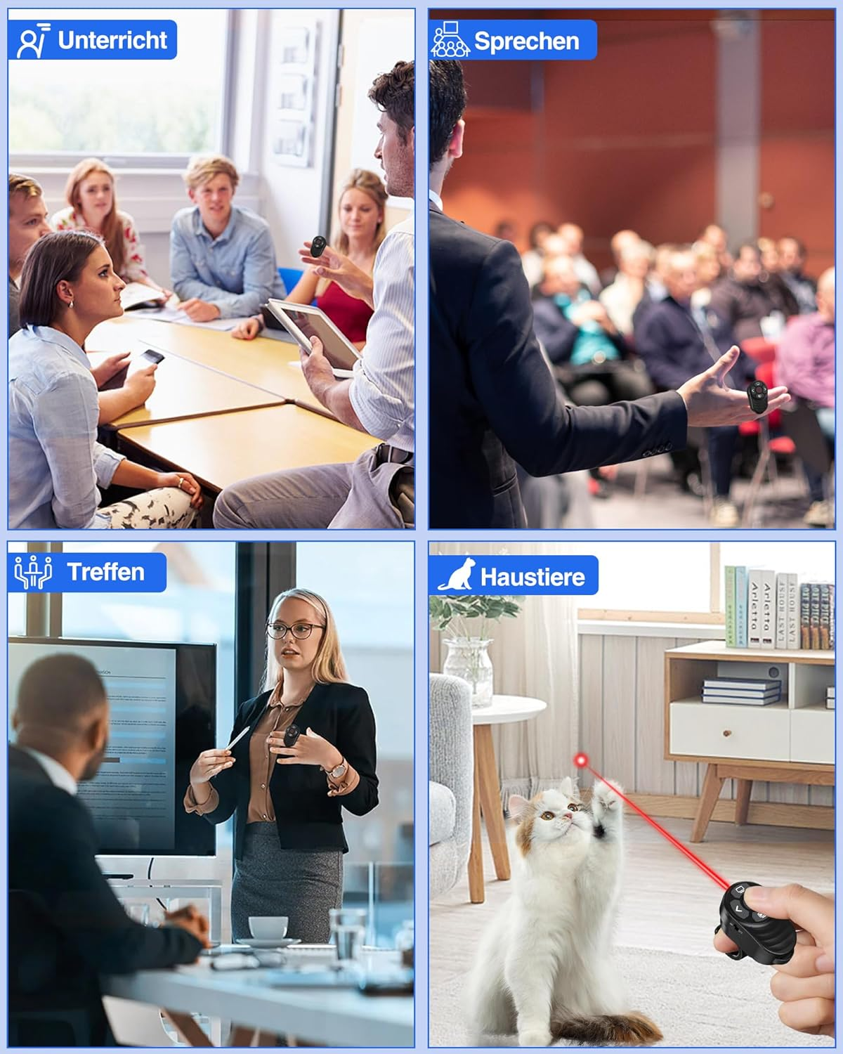 Vier Szenen: Unterricht, Präsentation, Meeting und Haustier-Spielzeug.