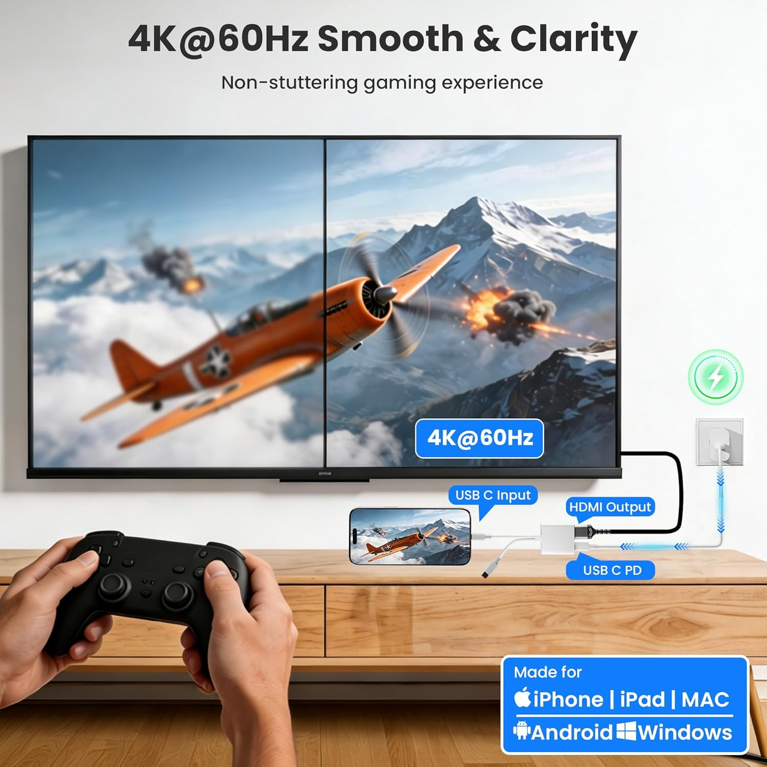 Ein Controller wird gehalten, während ein Flugzeug auf einem 4K-Bildschirm fliegt.