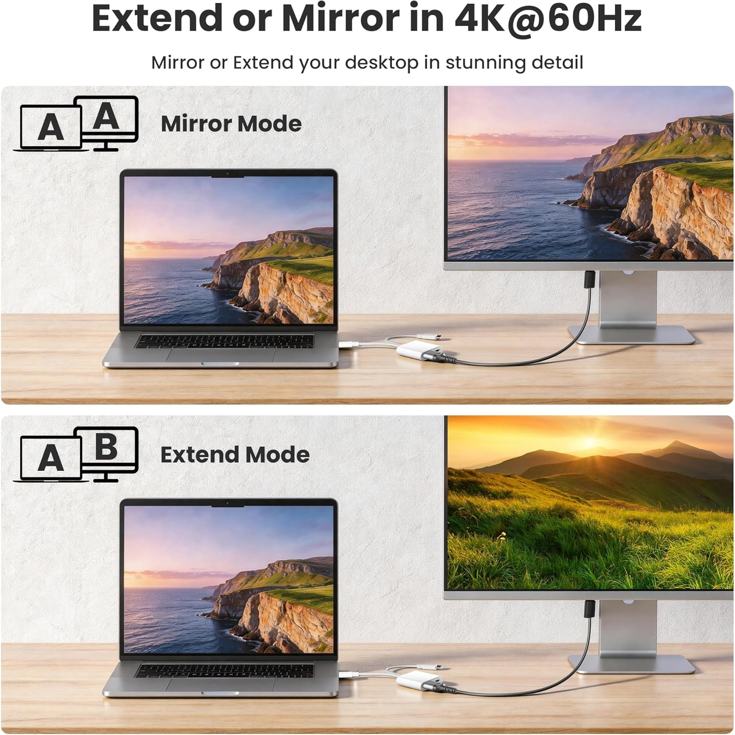 Laptop und Monitor spiegeln oder erweitern. Küstenlandschaft und Berglandschaft.