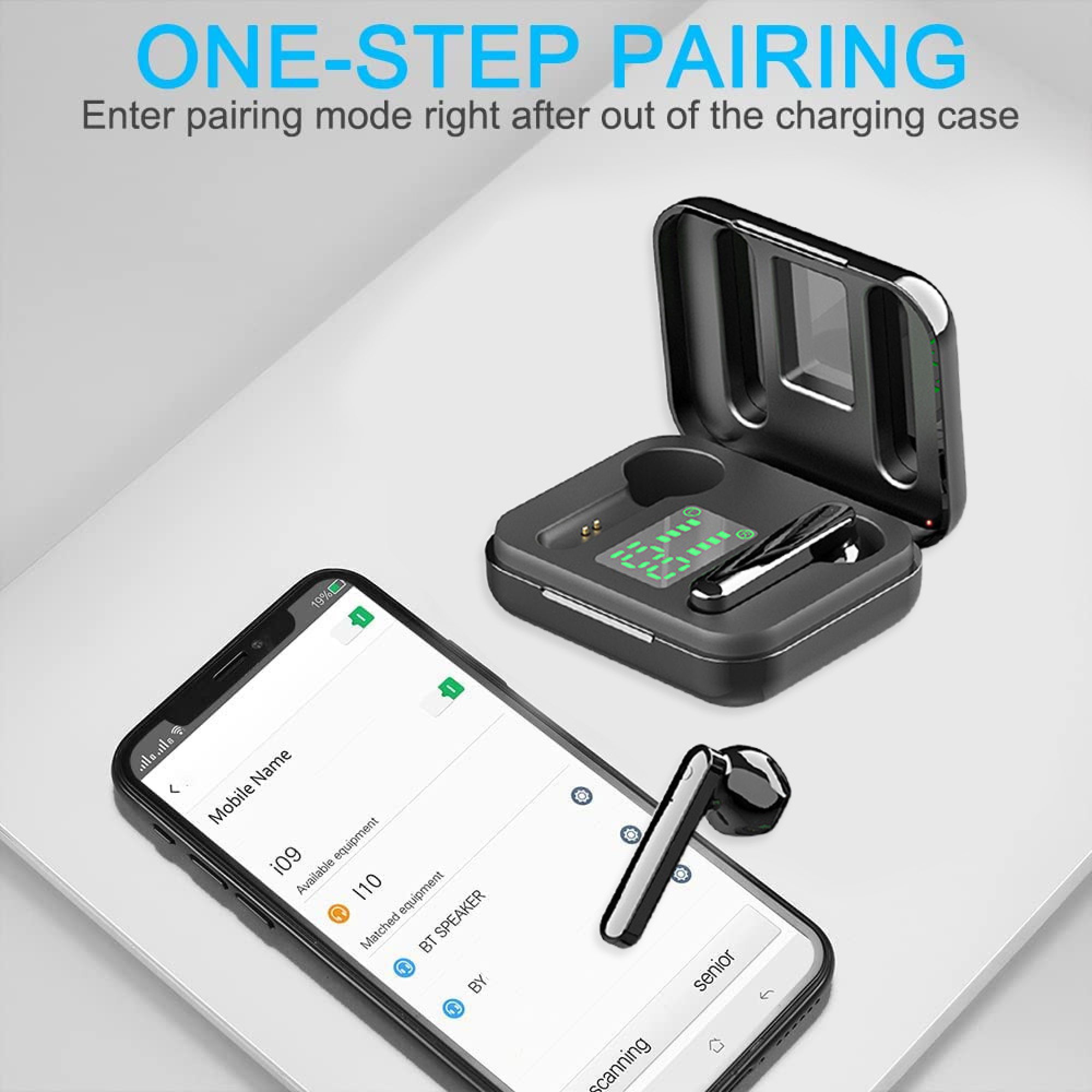 Ein Smartphone zeigt Kopfhörer-Pairing an, daneben ein schwarzes Ladeetui mit einem einzelnen Kopfhörer.