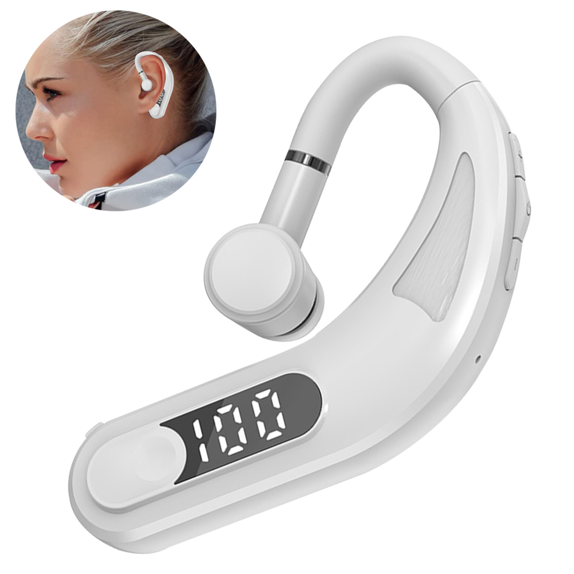Ein weißer Ohrbügelhörer mit digitaler Anzeige und ein Teil eines Gesichts einer Frau.