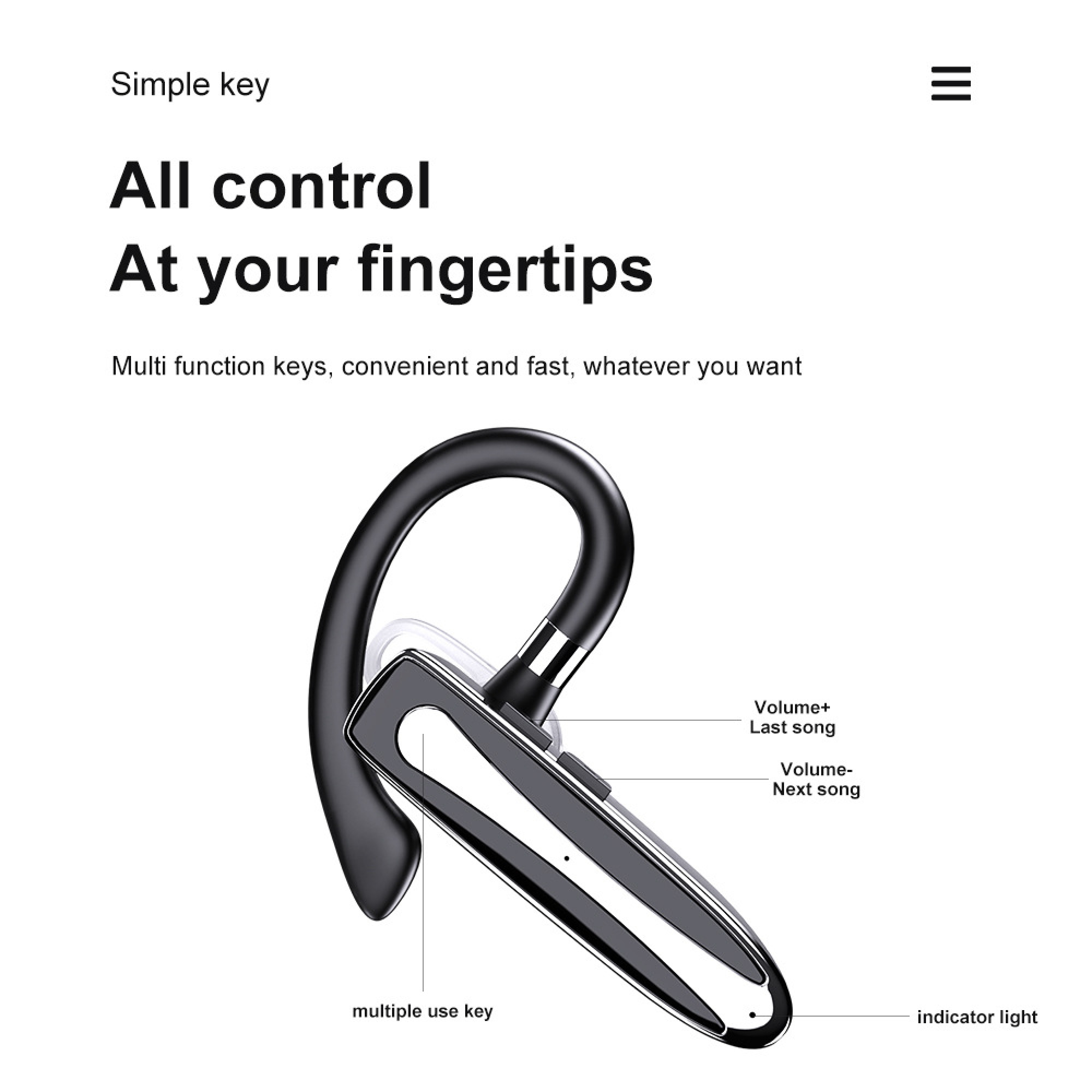 Schwarz-graues Headset mit Ohrbügel und Beschriftungen für Tasten und Lichter.