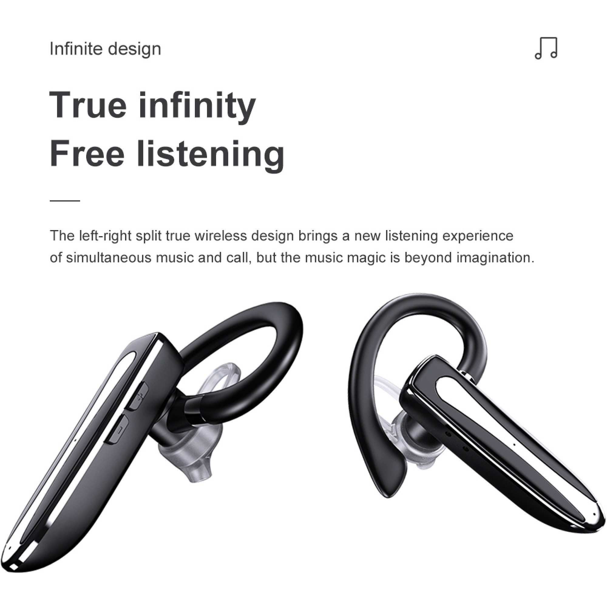 Zwei schwarze True-Wireless-Ohrhörer mit silbernen Akzenten und einem Ohrbügel.