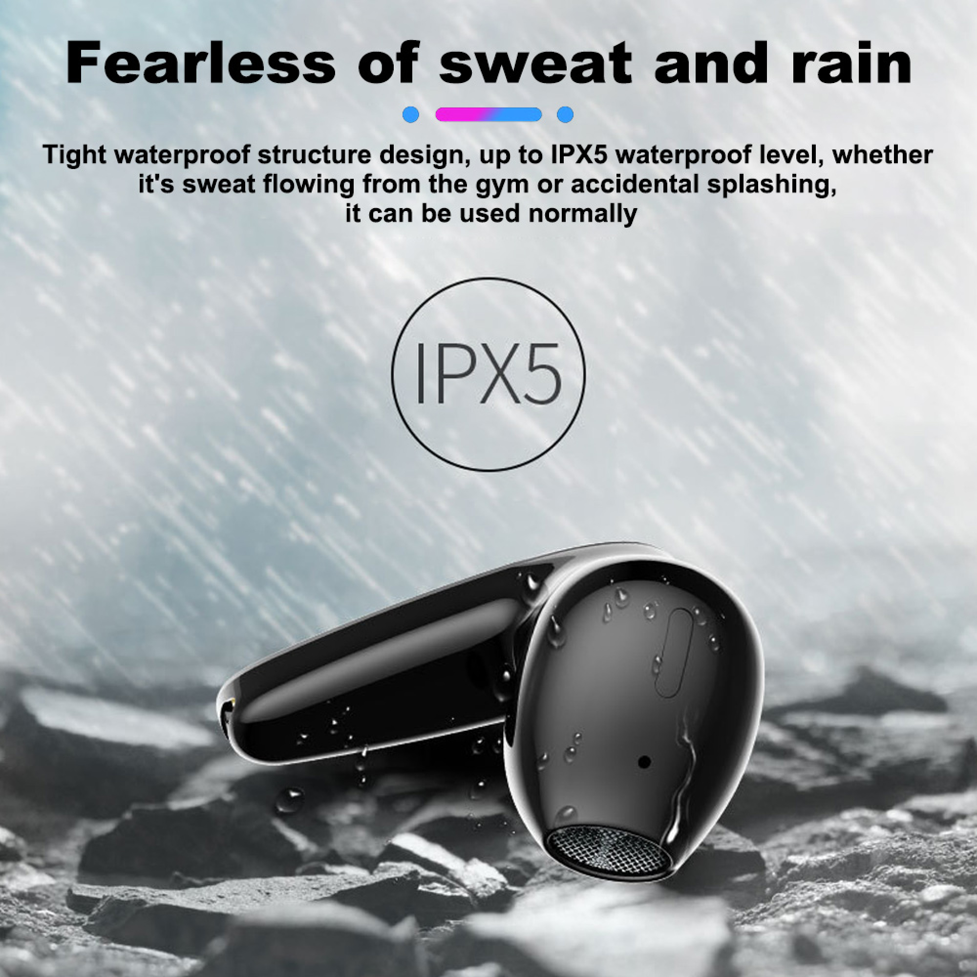 Schwarzer Ohrhörer mit Wassertropfen auf felsigem Untergrund, IPX5-Siegel.