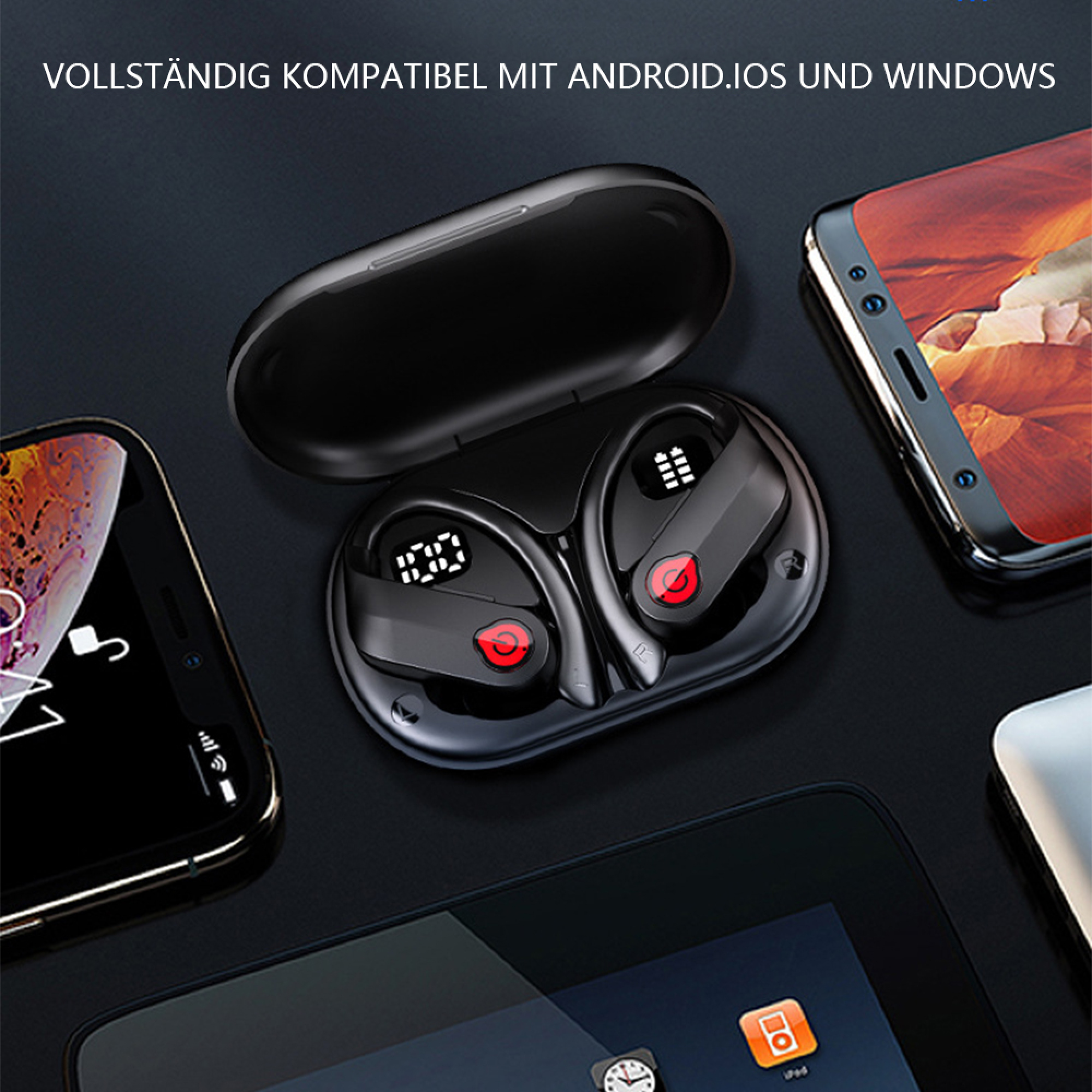 Schwarze Ohrhörer mit Ladecase, neben Smartphones und Tablet.
