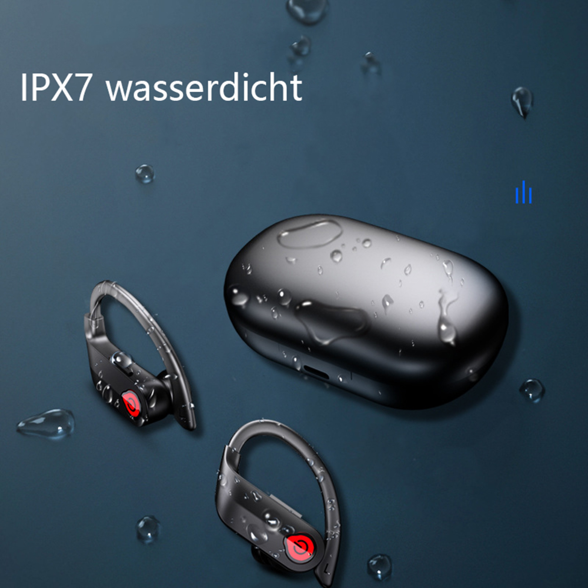 Schwarze wasserdichte Ohrhörer mit Ladecase und Wassertropfen.