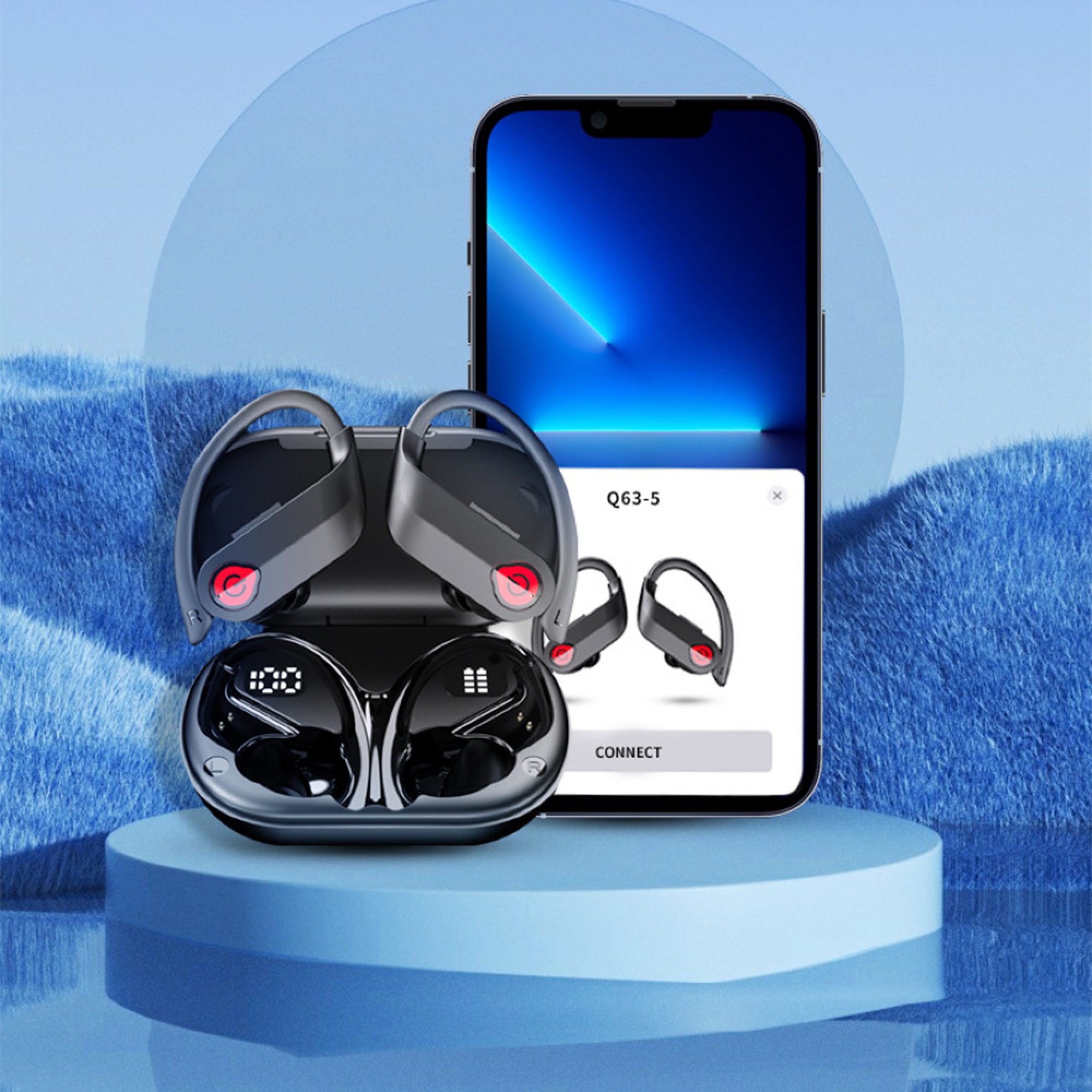 Schwarze Kopfhörer mit Ladecase und Smartphone auf blauem Hintergrund.