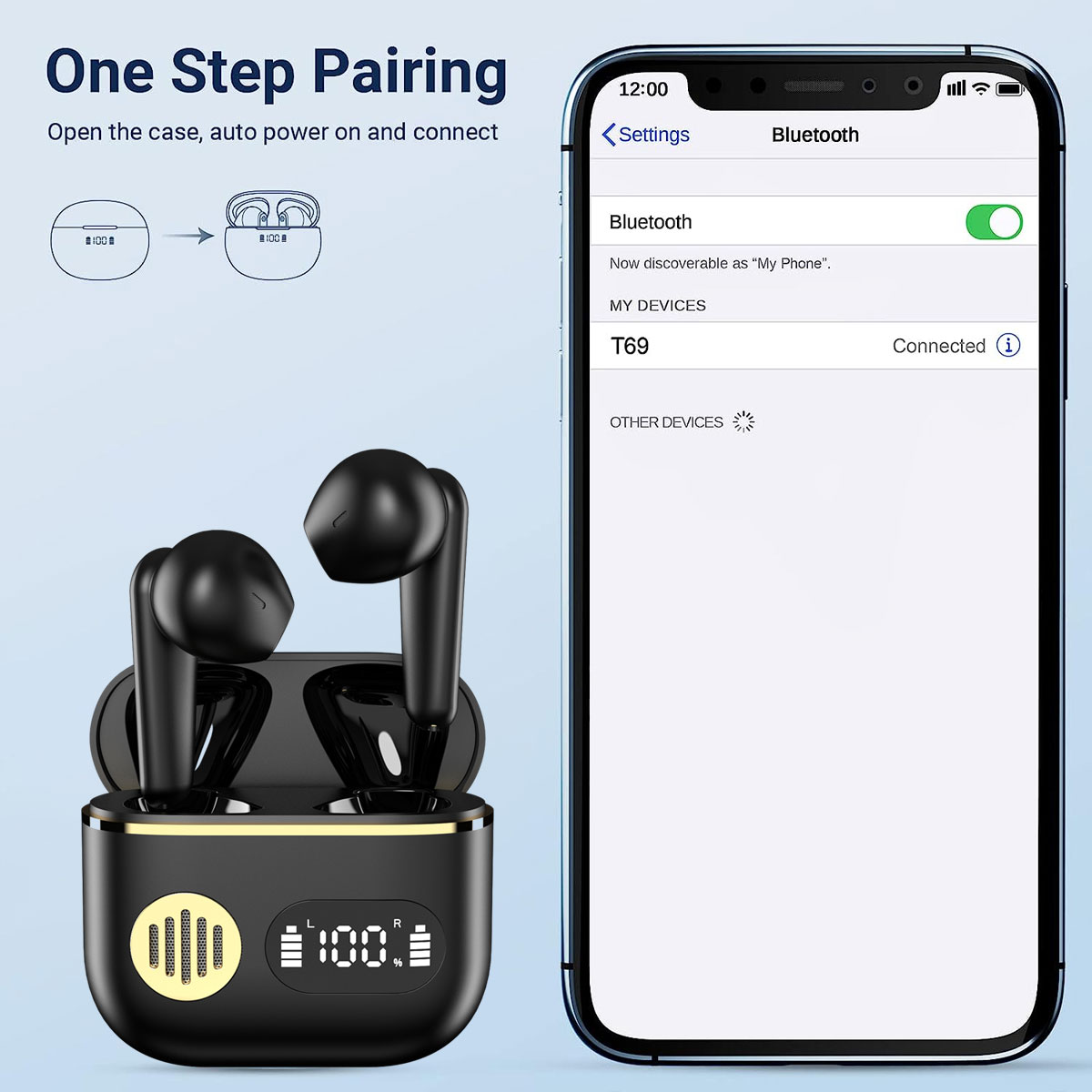 Schwarze Ohrhörer in Ladebox neben einem Smartphone, das Bluetooth zeigt.