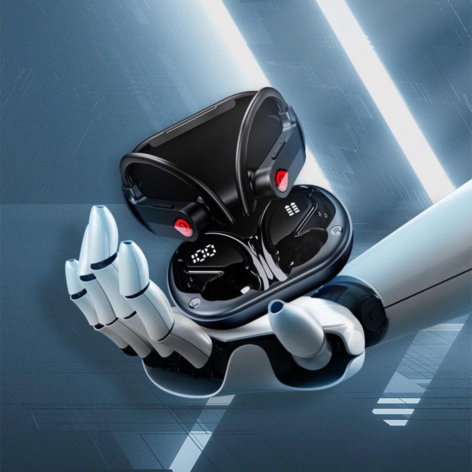 Ein Roboter hält schwarze Kopfhörer mit Ladecase. Rote Akzente.