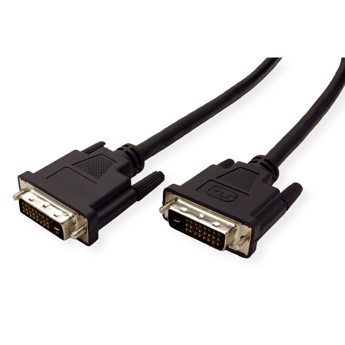 Zwei schwarze DVI-Kabel mit Anschlüssen liegen nebeneinander auf weißem Hintergrund.