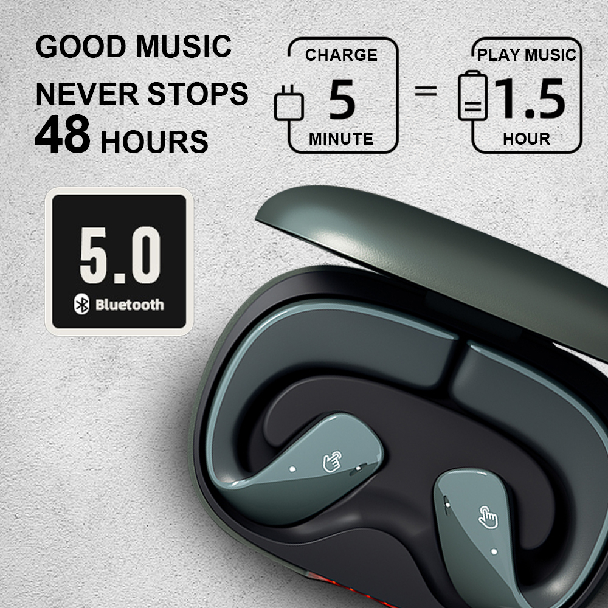Kopfhörer mit Bluetooth 5.0. 5 Min. Ladezeit für 1,5 Std. Musik.