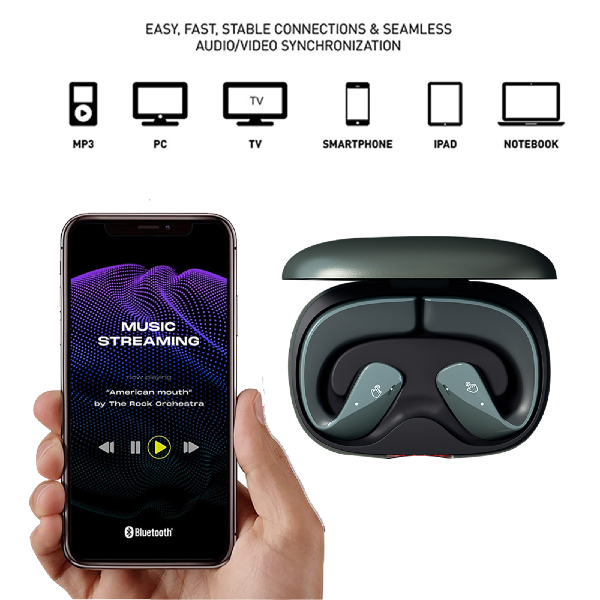 Ein Smartphone mit Musik-Streaming-App und daneben eine Ladehülle für kabellose Ohrhörer.
