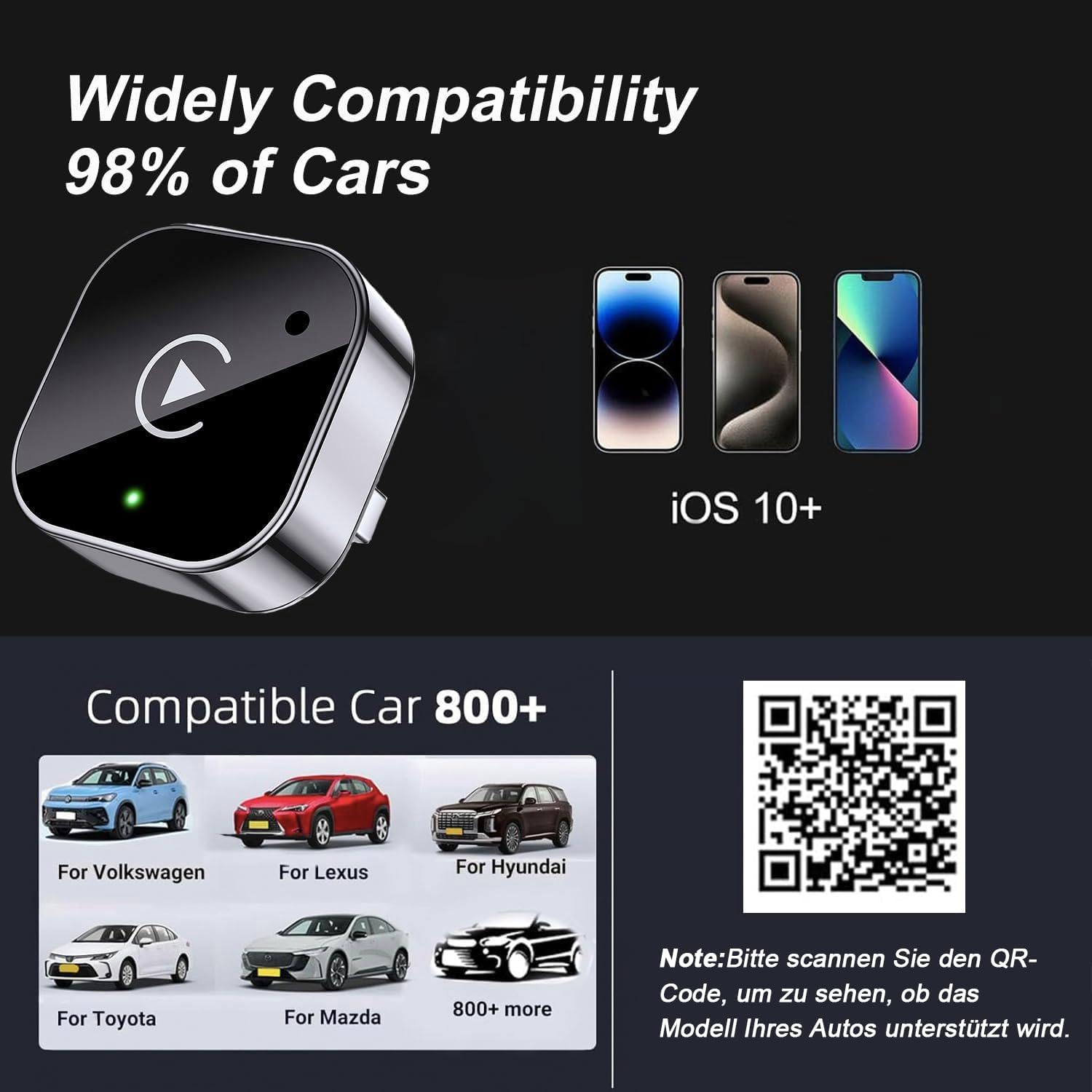 Autoadapter, iPhones und Automodelle. Kompatibel mit 98% der Autos.