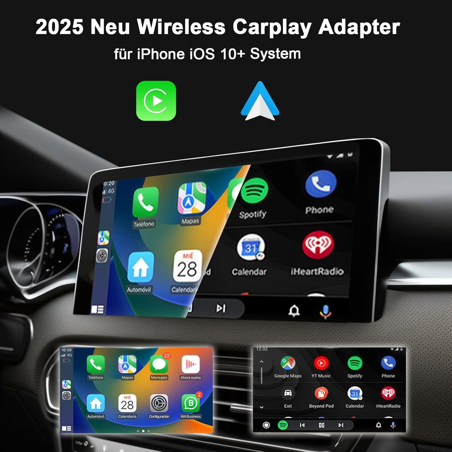 Carplay Adapter mit iPhone-Symbolen auf Auto-Bildschirmen. Grün, Blau, Weiß.