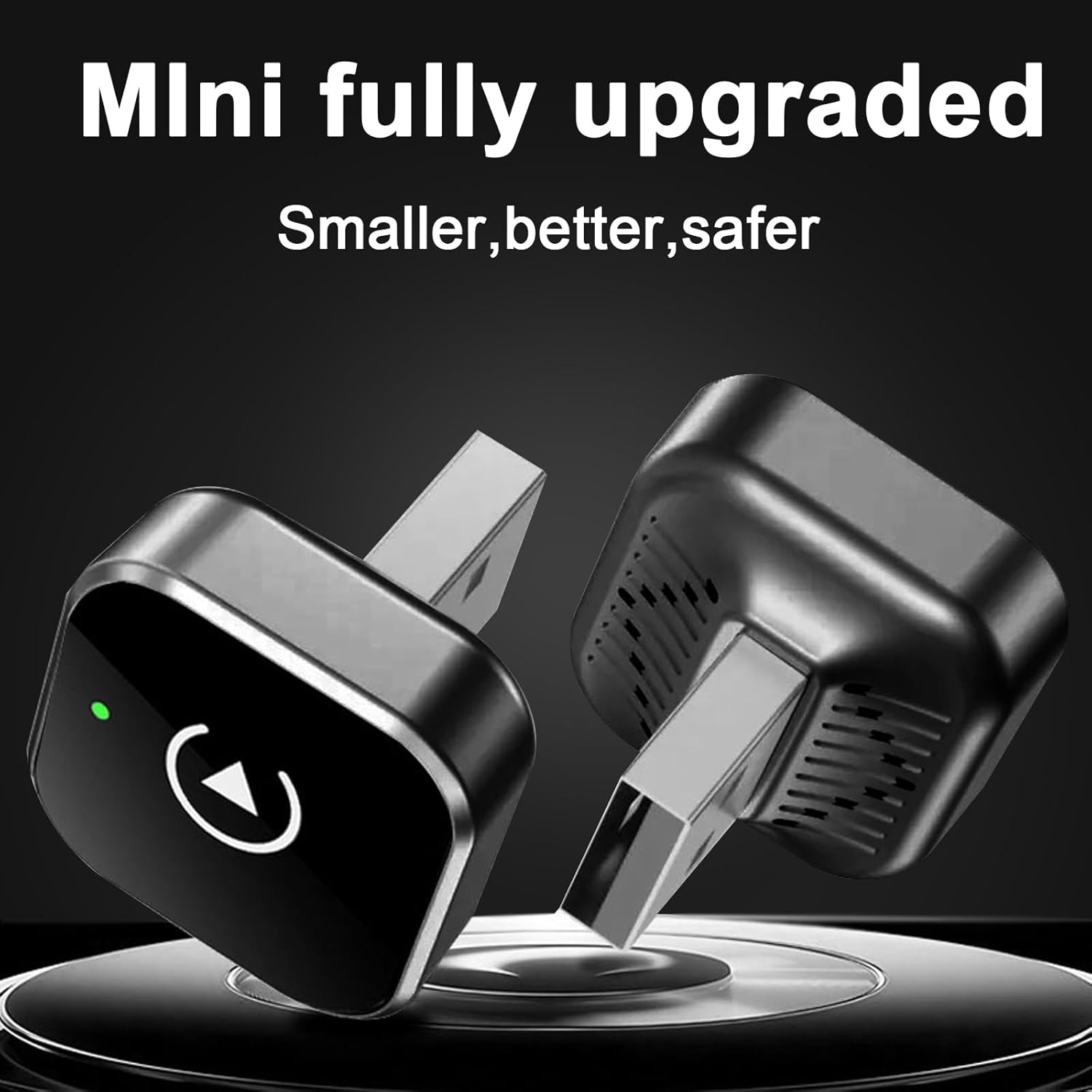 Zwei schwarze, kompakte Geräte mit USB-Anschluss und grünem Licht.