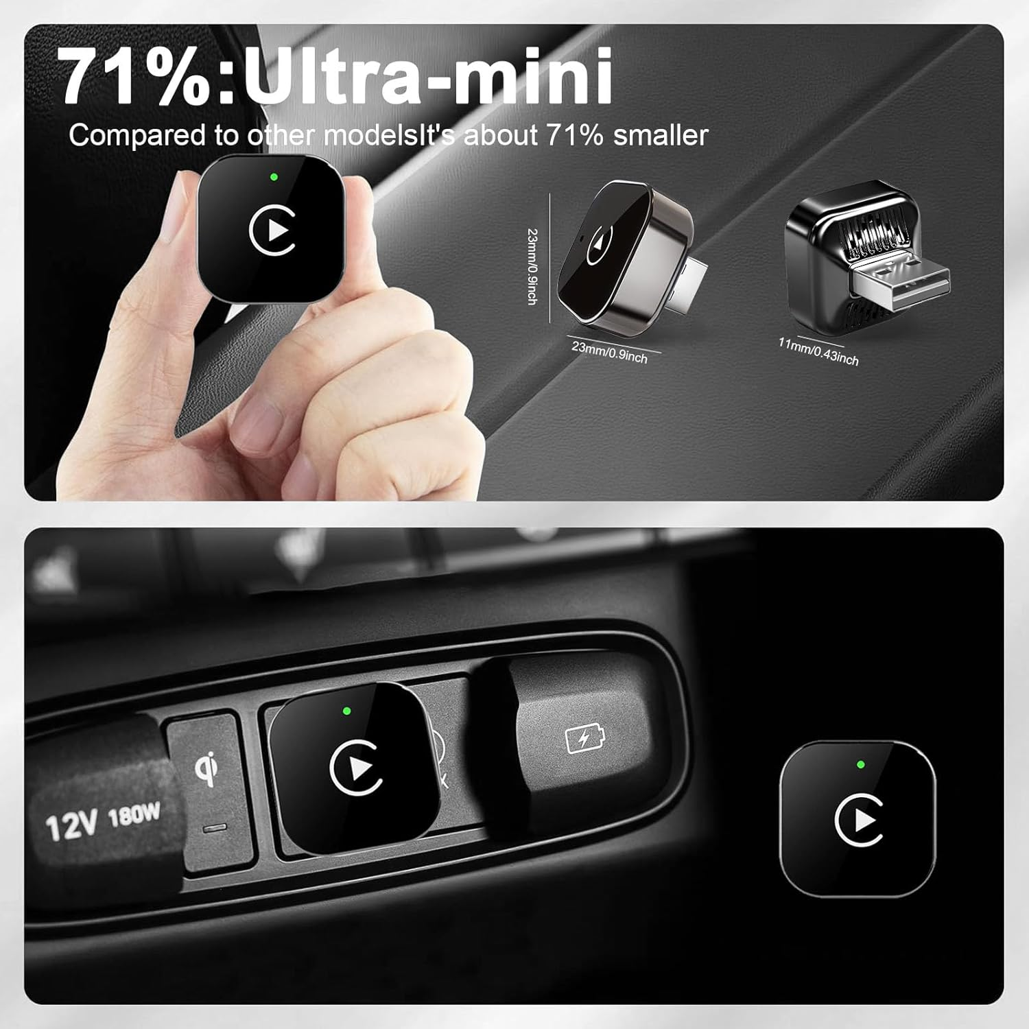 Ein kleiner schwarzer Adapter mit grüner LED wird in einem Auto-Anschluss gezeigt.