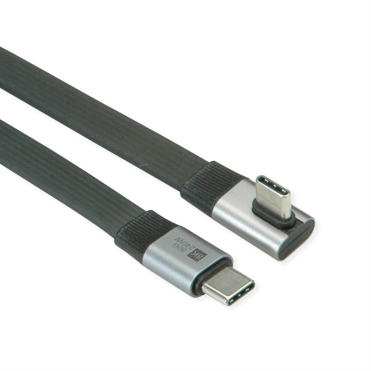 Ein schwarzes USB-C-Kabel mit silbernen Anschlüssen, markiert mit 8K 240W.