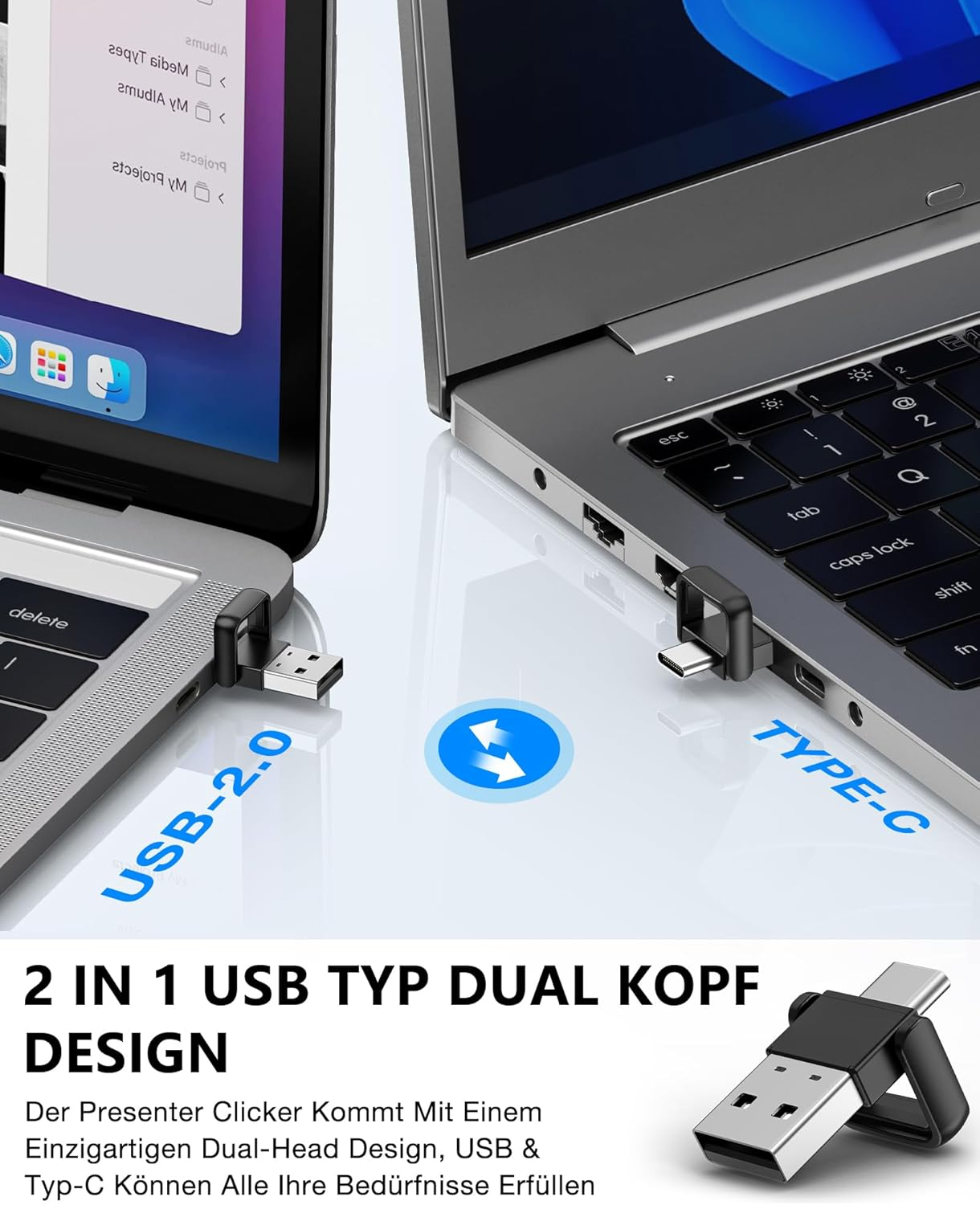 Zwei Laptops mit einem USB-Anschluss, ein USB-A und ein USB-C.