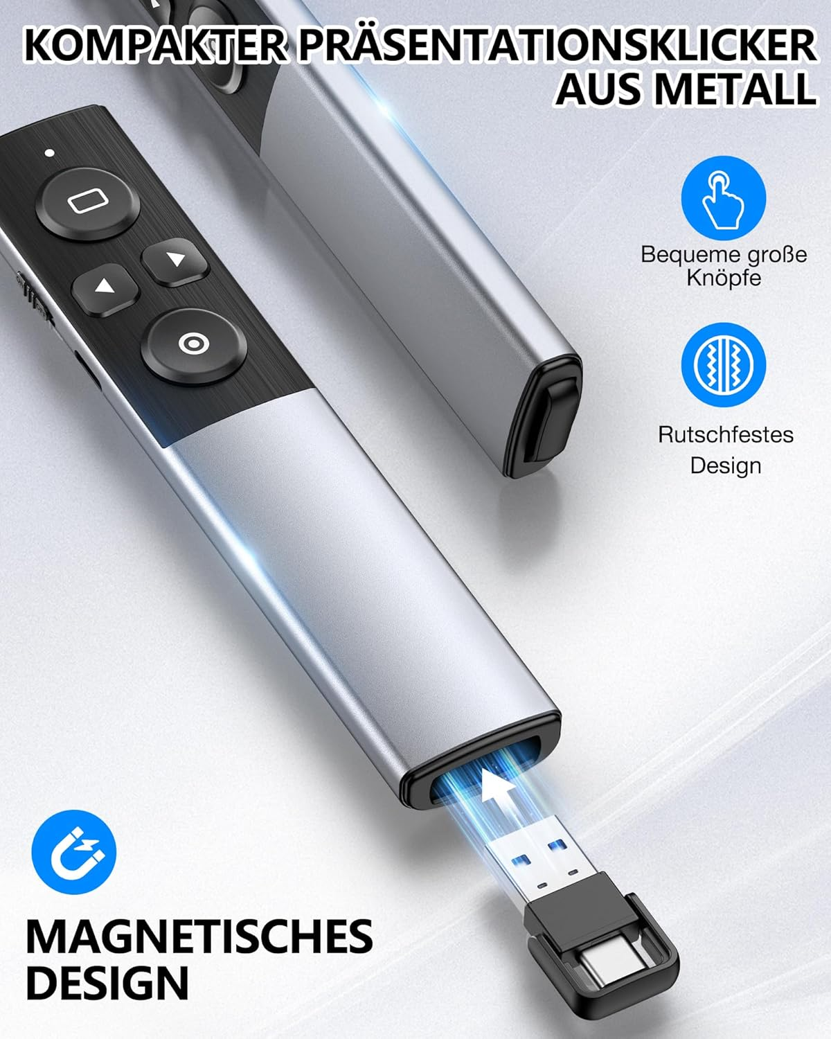 Silberner Präsentationsklicker mit USB-Dongle, magnetisch und rutschfest.