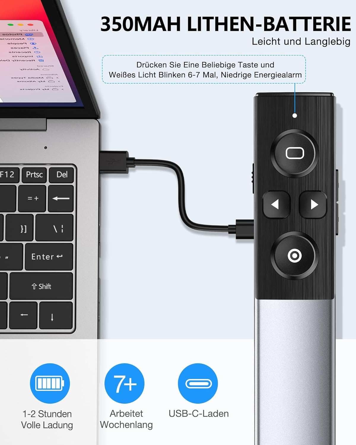 Ein schwarzer Presenter ist per USB-C mit einem Laptop verbunden. Er hat 350mAh.