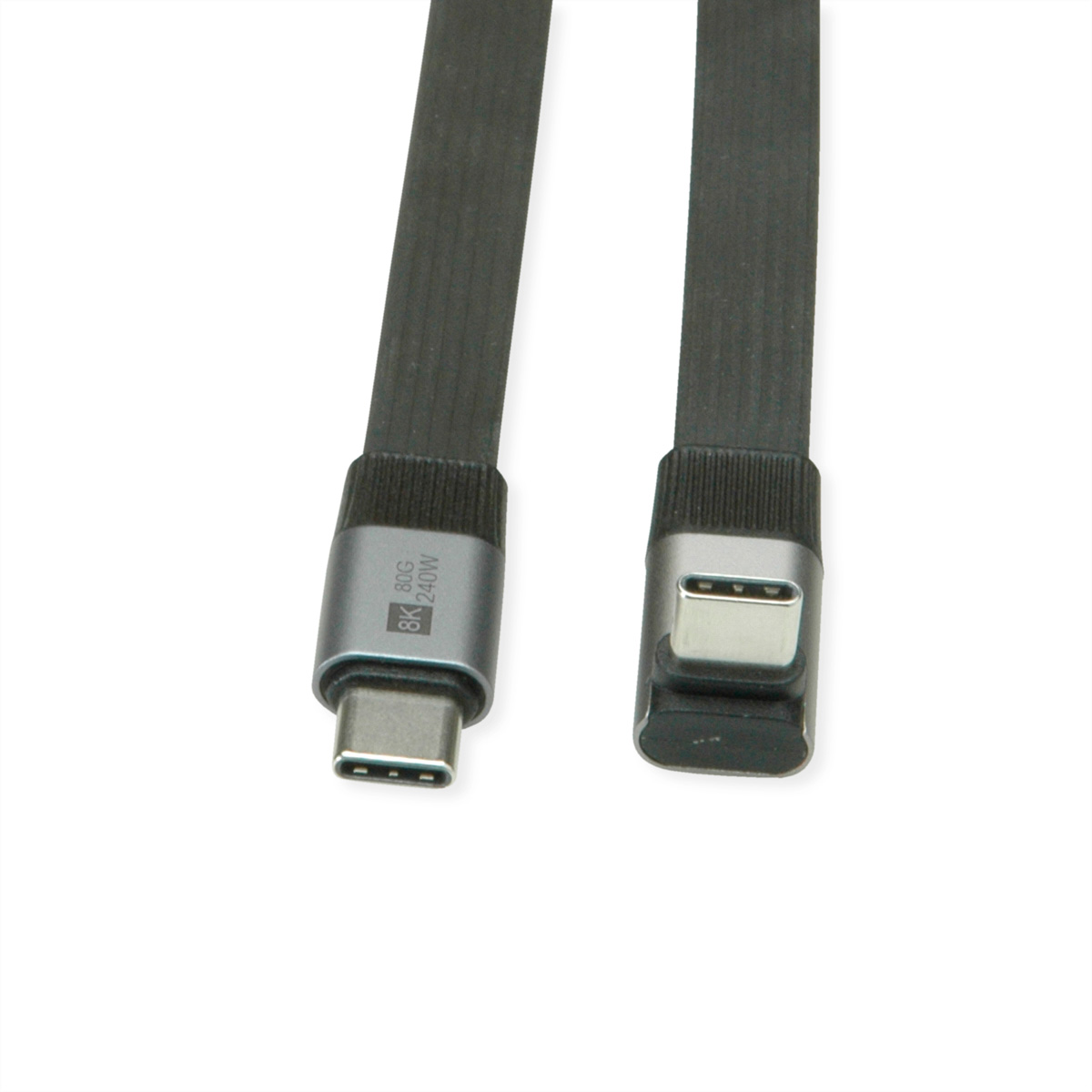 Zwei schwarze USB-C-Kabel mit silbernen Anschlüssen auf weißem Hintergrund.