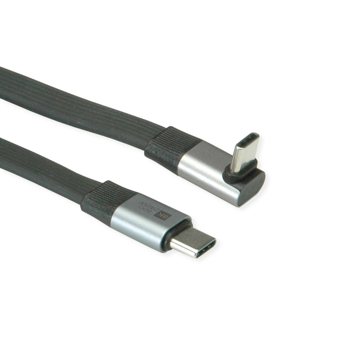 Schwarzes USB-C-Kabel mit 90-Grad-Winkel und geradem Anschluss, 8K 60Hz 240W.