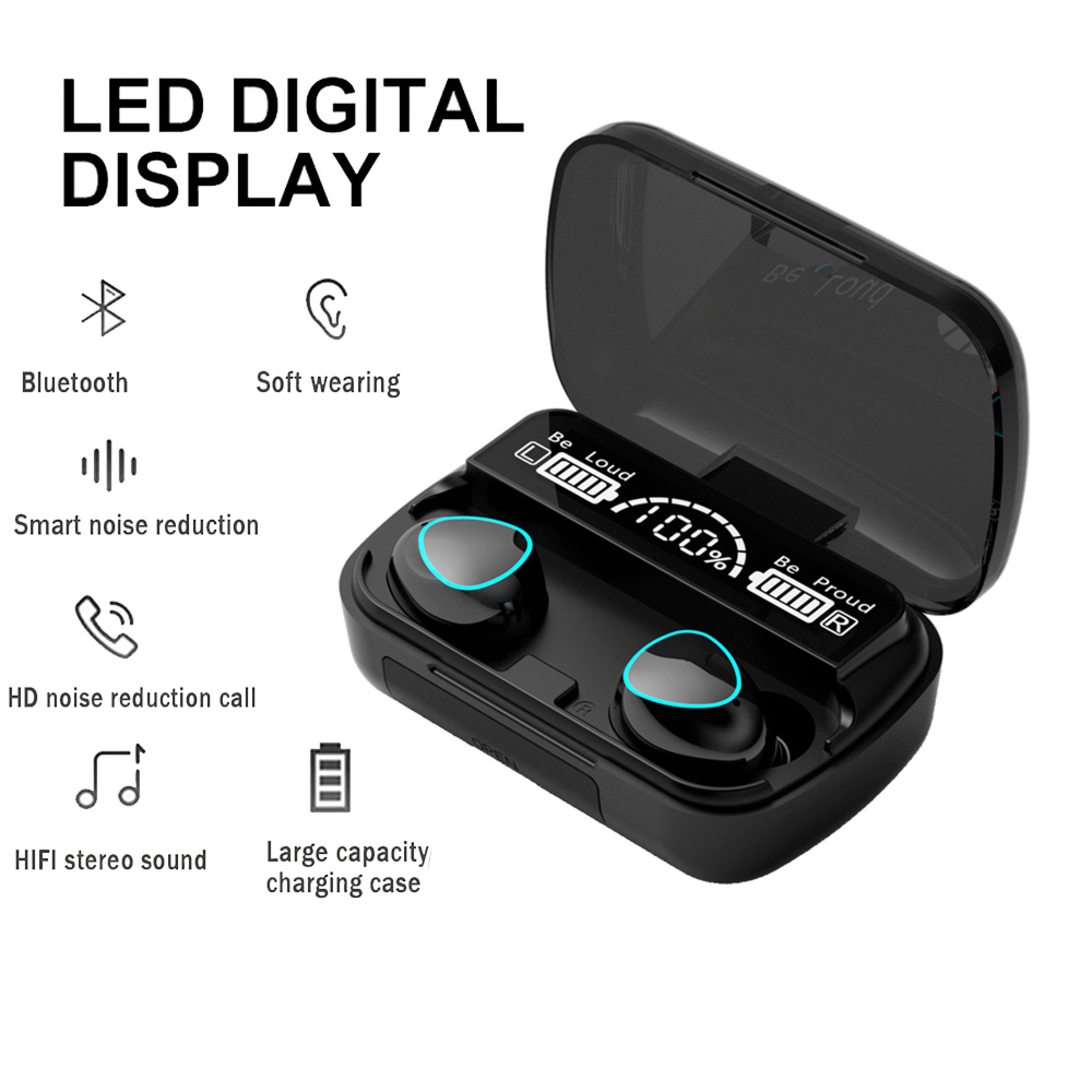 Schwarze kabellose Ohrhörer mit Ladeetui und LED-Anzeige. Merkmale: Bluetooth, Geräuschunterdrückung.