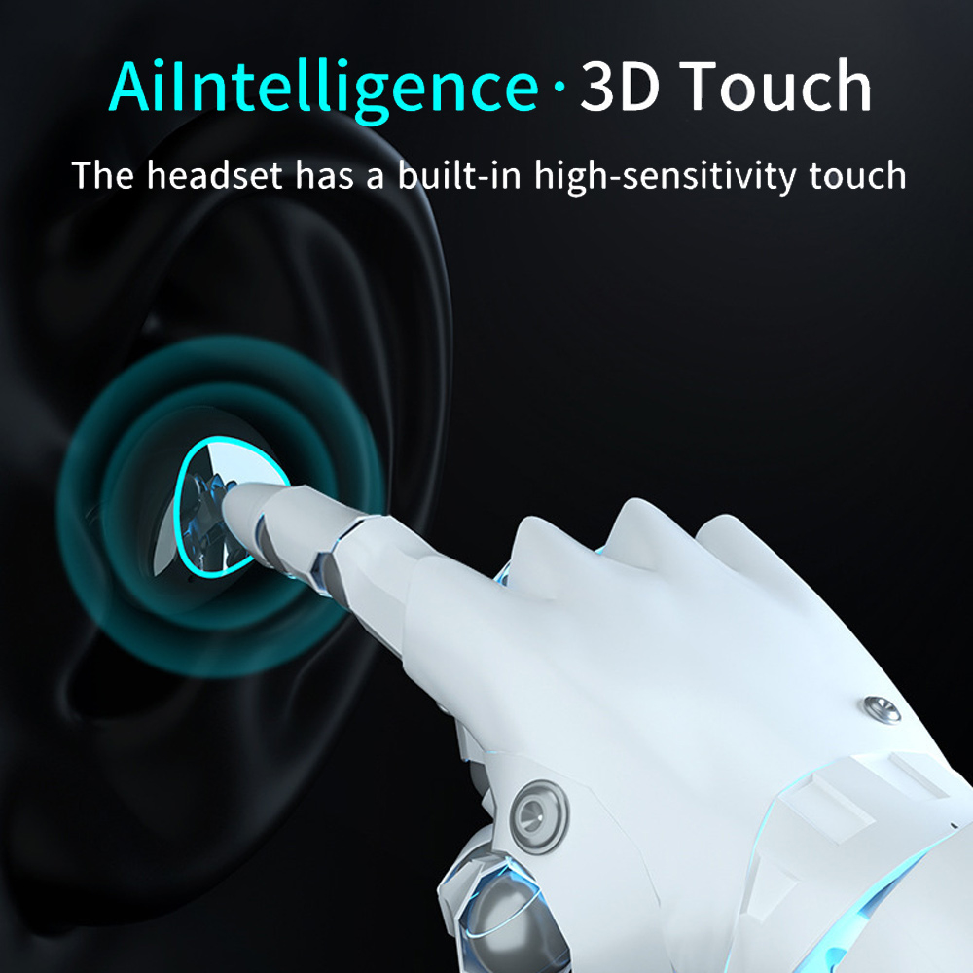Roboterfinger berührt Kopfhörer-Touchpad mit blauen Ringen.