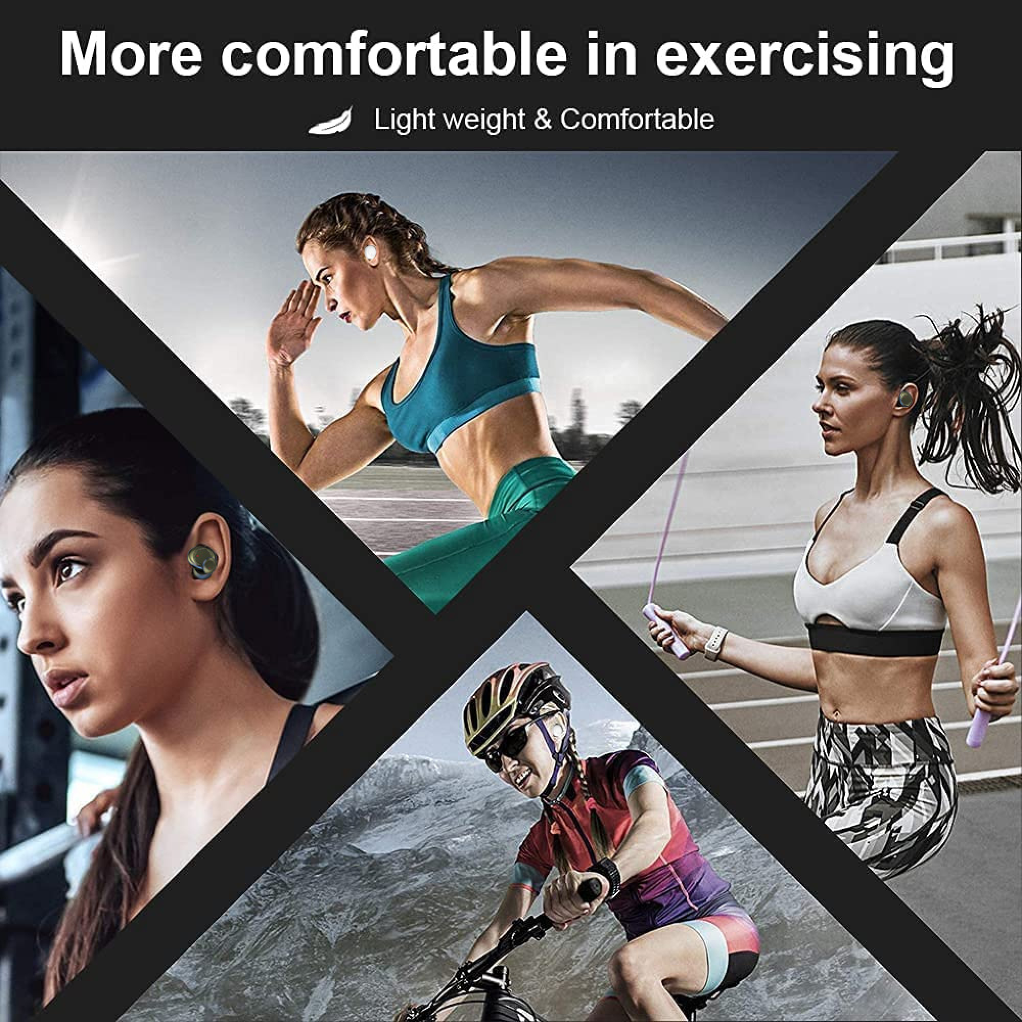 Vier Sportler: Läuferin, Radfahrerin, Springerin, Frau mit Kopfhörern.